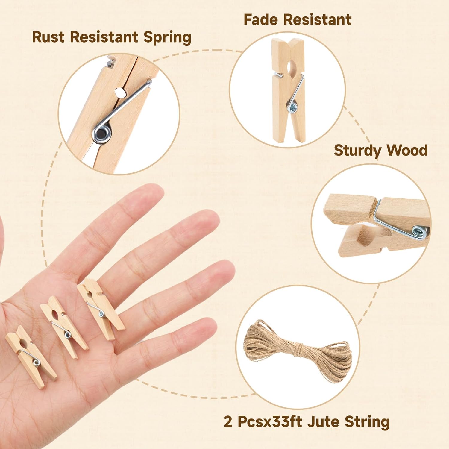 Mini Clothespins Wooden - Small Clothes Pins for Crafts 1.4 Inch,50 Pcs Natural Clothespins Clips with Jute String for Hanging Pictures,Photo Displays,Baby Cloth,Classroom Arts