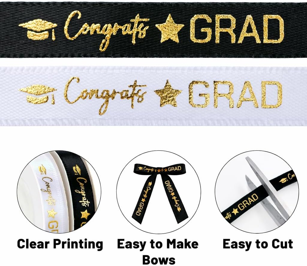 2 Rolls 2026 Graduation Ribbon - 3/8'' x 20 Yards Congrats Grad Gold Satin Ribbon for Gift Wrapping Class of 2026 Graduation Party Decorations DIY Crafts Black and White with Gold Printing