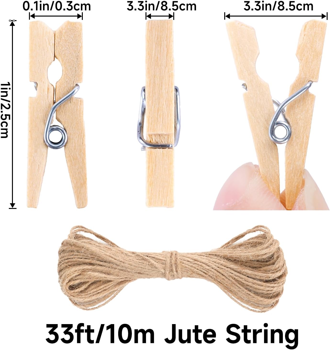 Mini Clothespins for Photo - 200 Pcs 1 Inch Small Natural Wooden Clothes Pins for Crafts with 33 FT Jute Twine Mini Photo Clips for Photos Display Cocktail Decoration