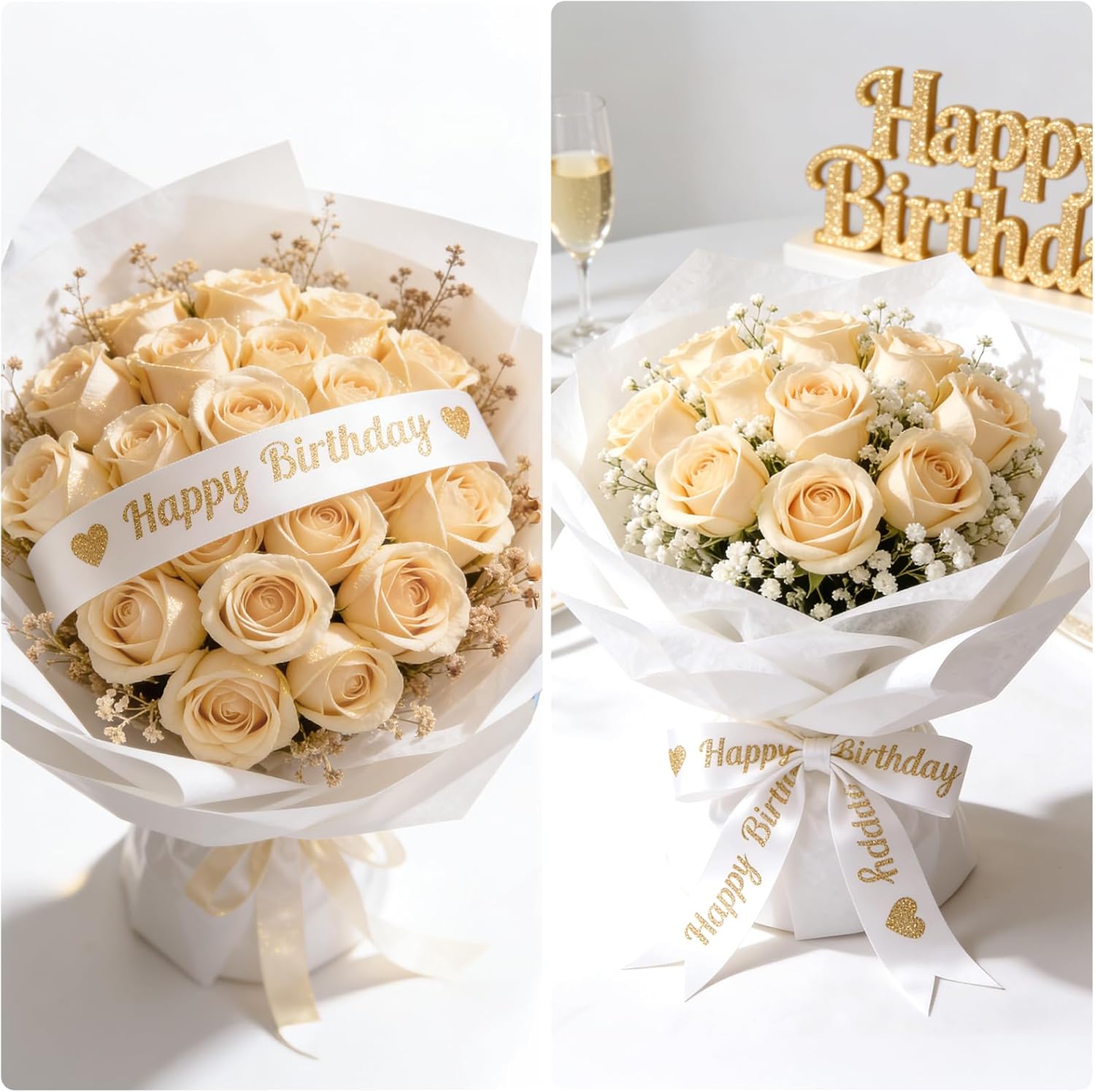 White Glitter Happy Birthday Ribbon - 2'' x 10 Yards Happy Birthday Satin Ribbon with Gold Print for Flower Banner Bouquet Gift Wrapping DIY Crafts Bows Making Cake Party Decoration