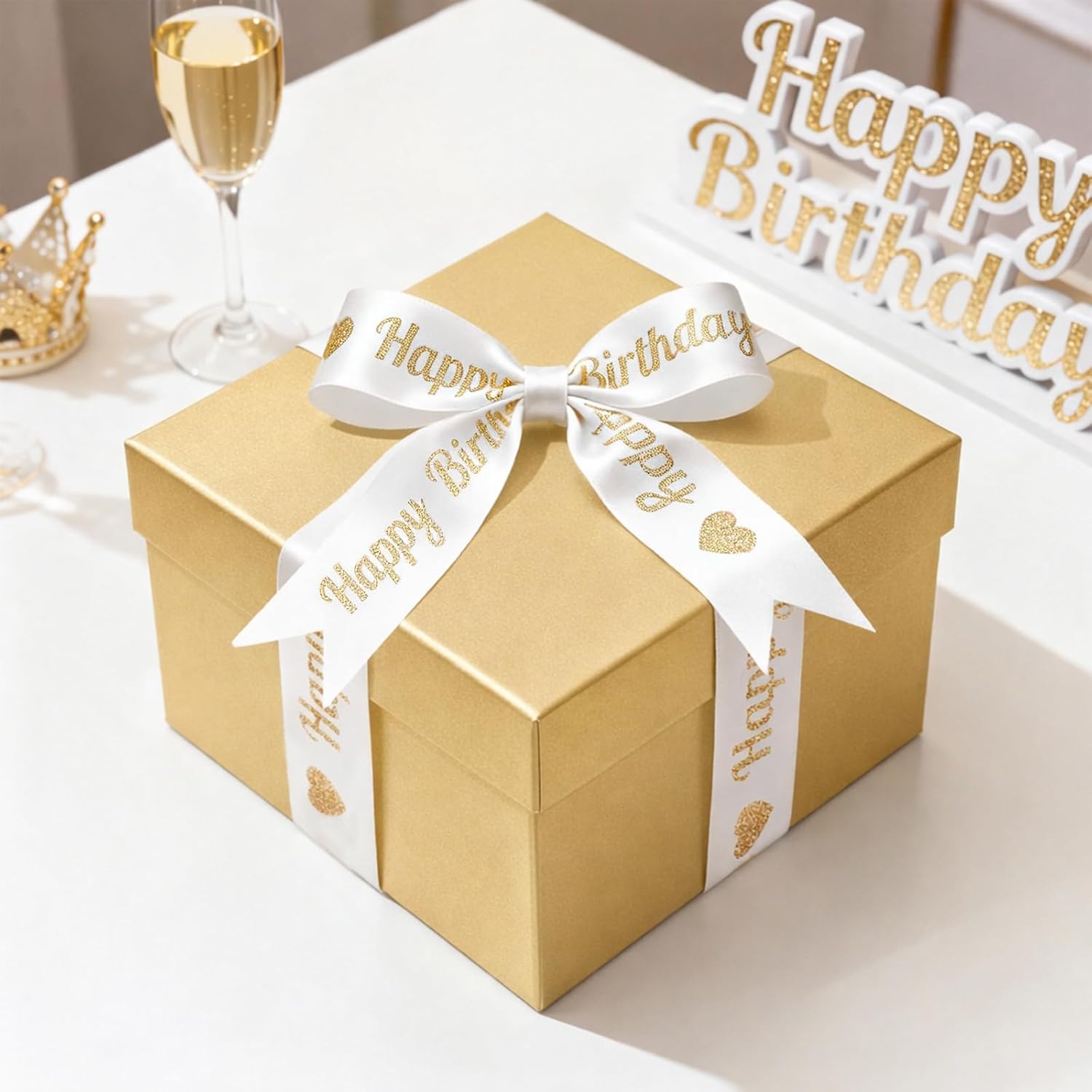 White Glitter Happy Birthday Ribbon - 2'' x 10 Yards Happy Birthday Satin Ribbon with Gold Print for Flower Banner Bouquet Gift Wrapping DIY Crafts Bows Making Cake Party Decoration
