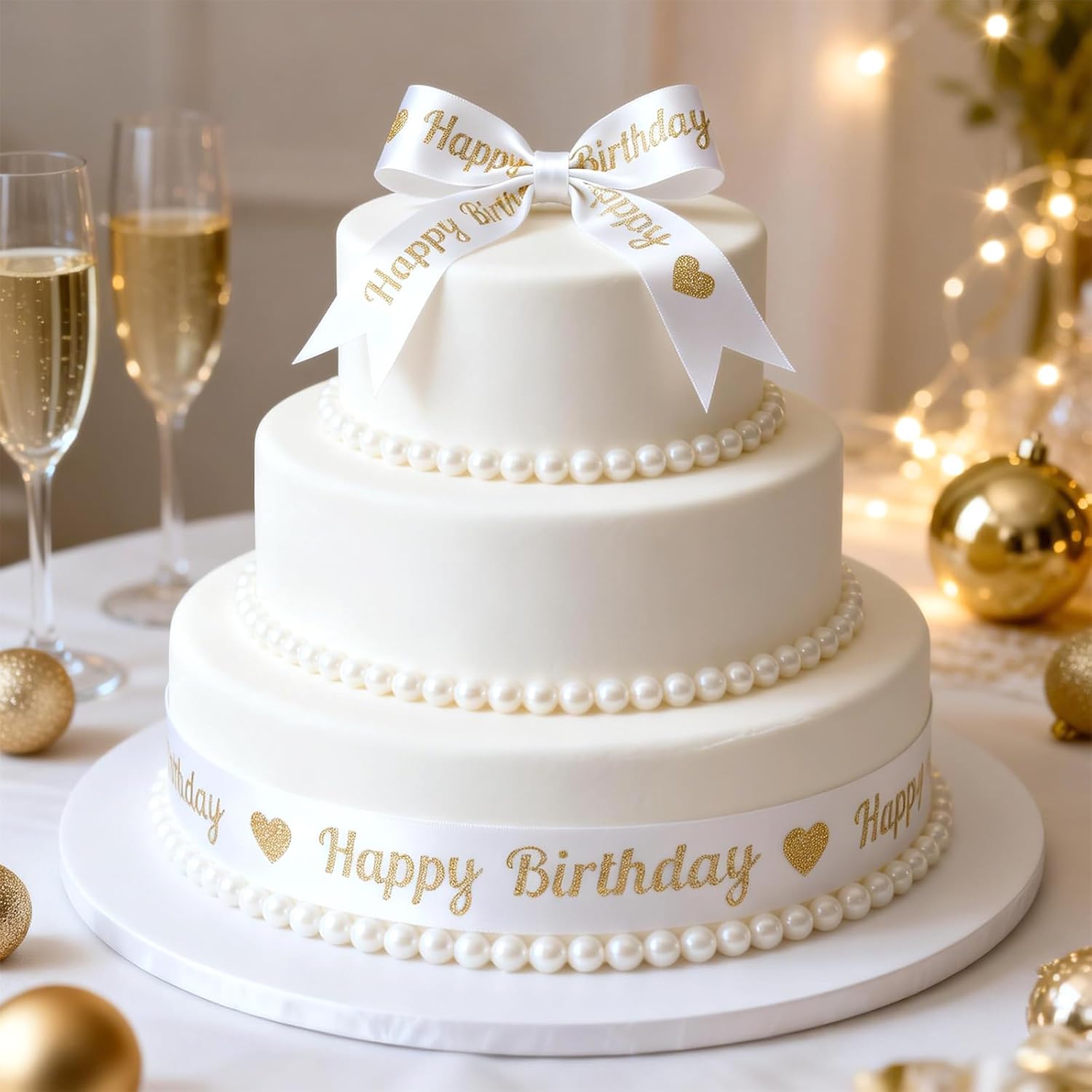 White Glitter Happy Birthday Ribbon - 2'' x 10 Yards Happy Birthday Satin Ribbon with Gold Print for Flower Banner Bouquet Gift Wrapping DIY Crafts Bows Making Cake Party Decoration