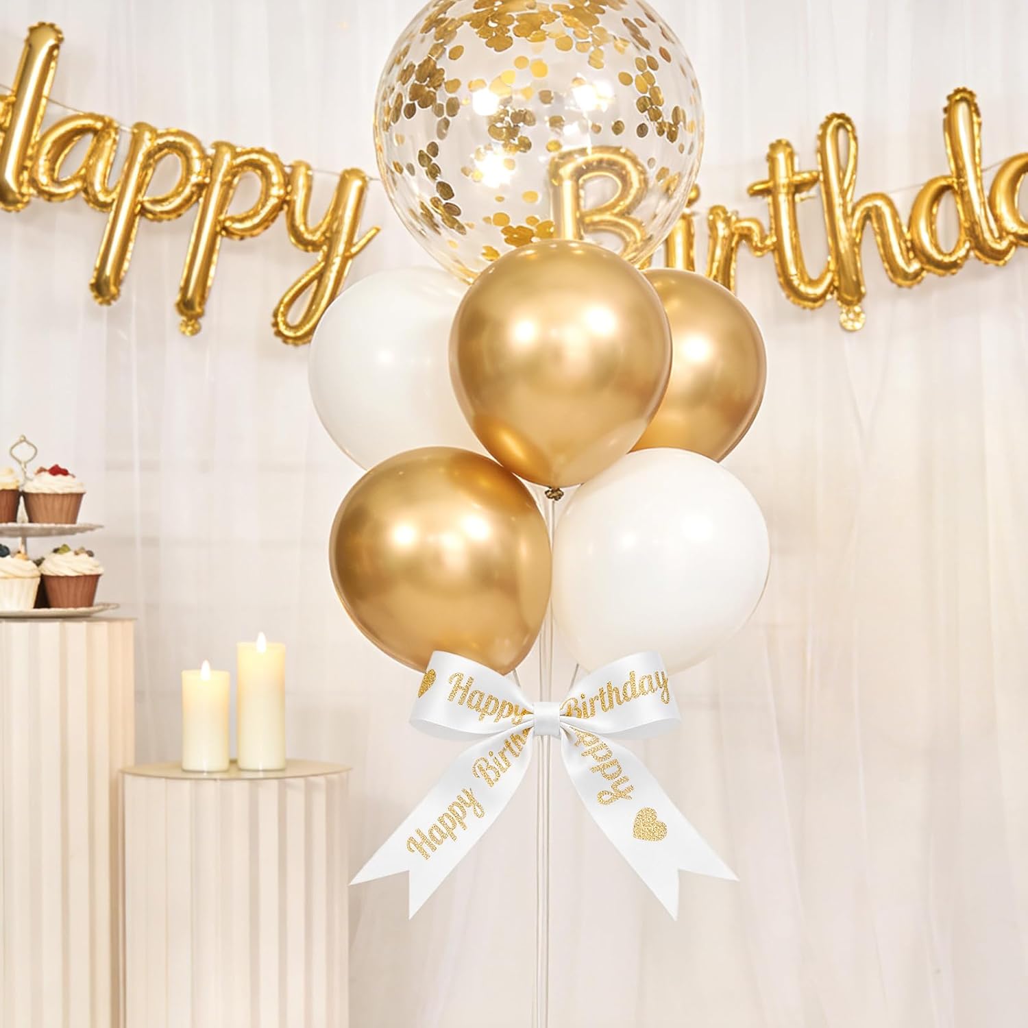 White Glitter Happy Birthday Ribbon - 2'' x 10 Yards Happy Birthday Satin Ribbon with Gold Print for Flower Banner Bouquet Gift Wrapping DIY Crafts Bows Making Cake Party Decoration