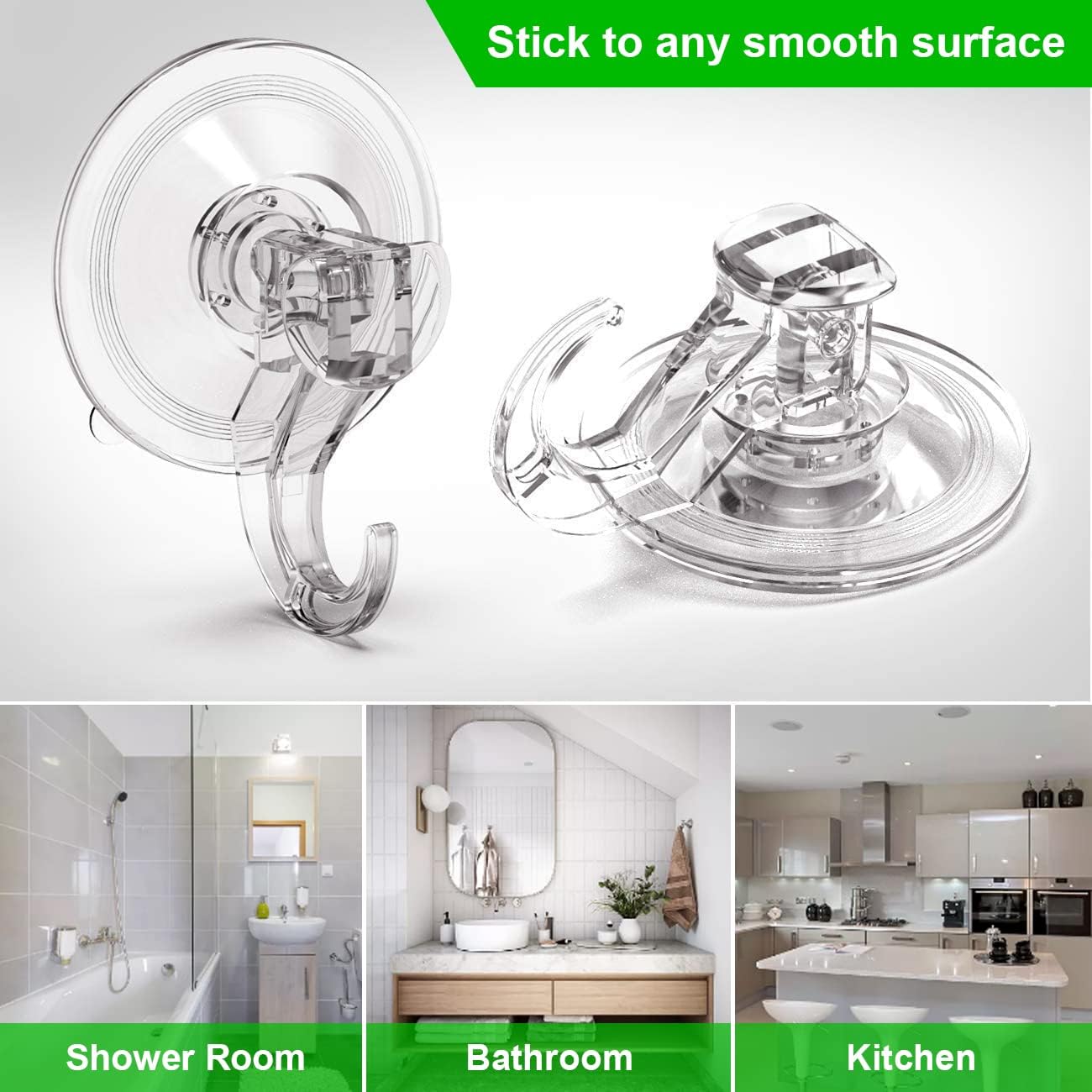 Suction Cup Hooks - 4 Pack Suction Hooks Reusable Powerful Waterproof - Clear Removable Suction Hanger for Christmas Wreath, Shower,Tile,Bathroom,Towel,Kitchen