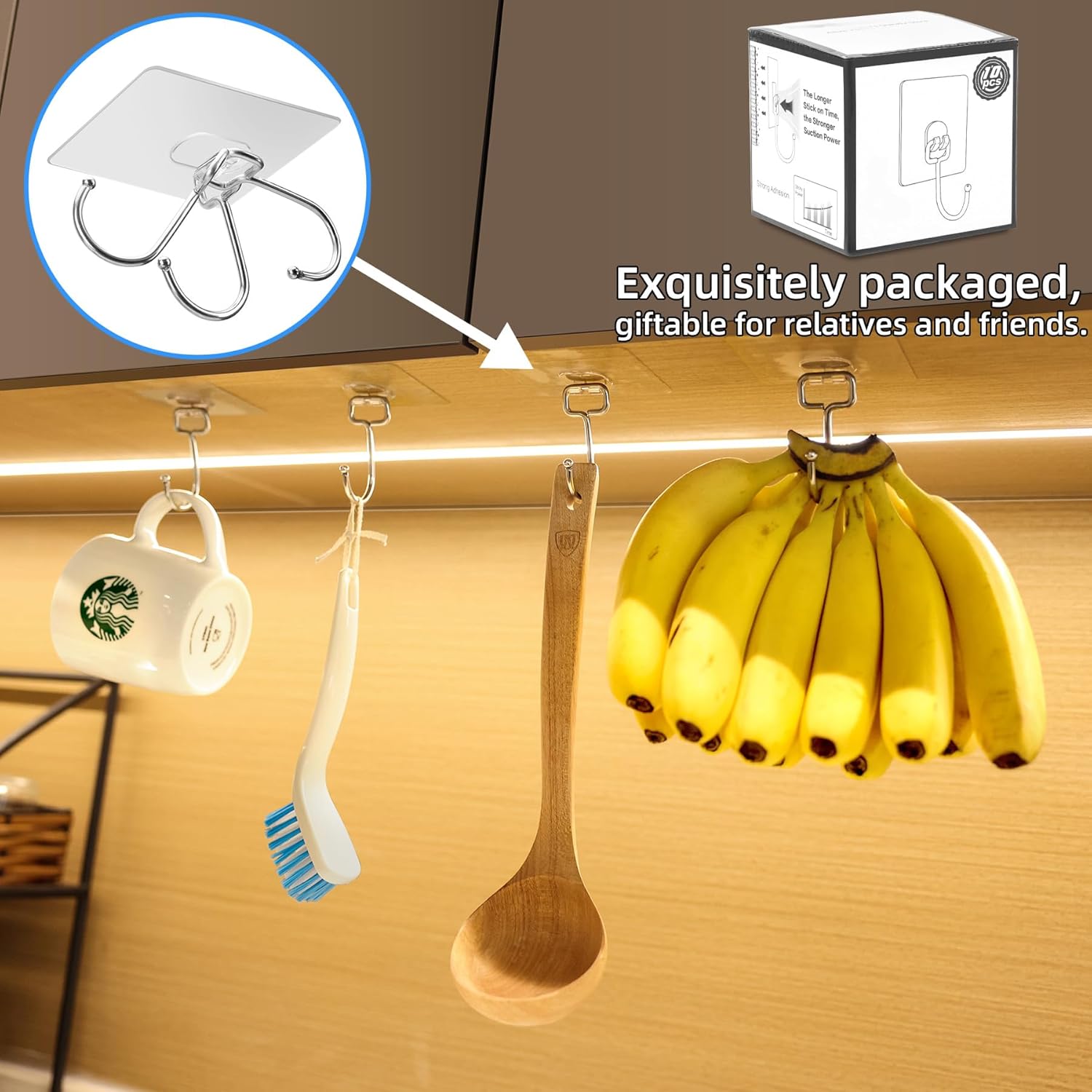 10-Pack All-Purpose Large Adhesive Hooks for Hanging, Banana Hook, Heavy Duty Adhesive Hooks 37 lb Max , Sticky Wall Hook fit Home, Bathroom, Kitchen, Office and Outdoor