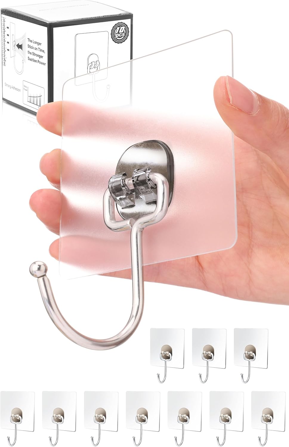 10-Pack Large Adhesive Hooks, Wreath Hangers, Heavy Duty Adhesive Hooks 37 lb Max , Sticky Wall Hook fit Home, Bathroom, Kitchen, Office and Outdoor Transparent Gray