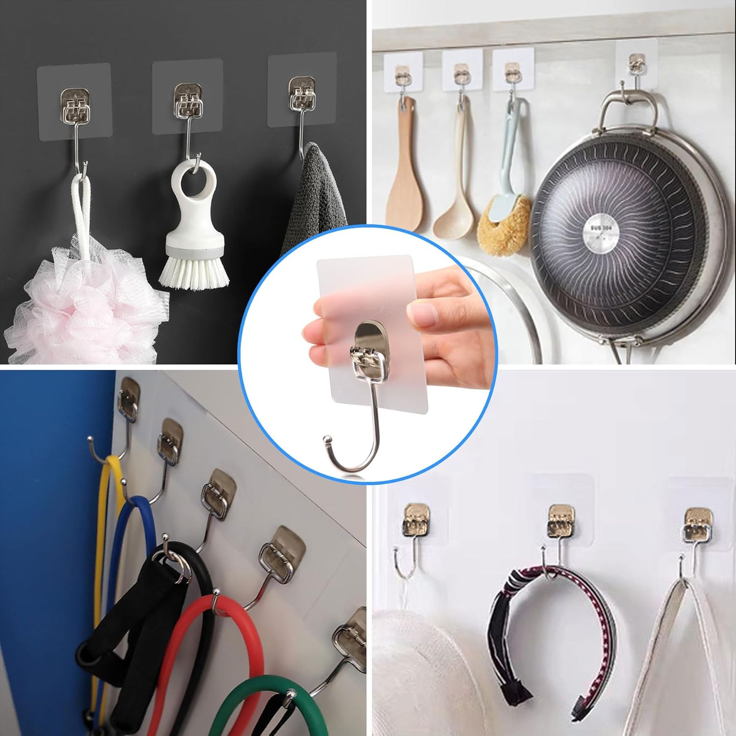 10-Pack Large Adhesive Hooks, Wreath Hangers, Heavy Duty Adhesive Hooks 37 lb Max , Sticky Wall Hook fit Home, Bathroom, Kitchen, Office and Outdoor Transparent Gray