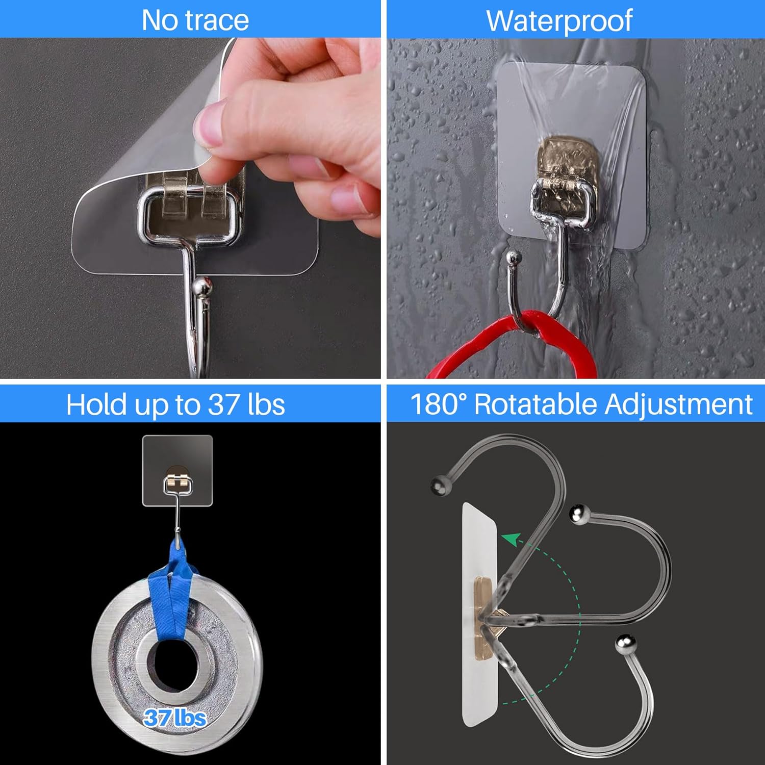 10-Pack Large Adhesive Hooks, Wreath Hangers, Heavy Duty Adhesive Hooks 37 lb Max , Sticky Wall Hook fit Home, Bathroom, Kitchen, Office and Outdoor Transparent Gray
