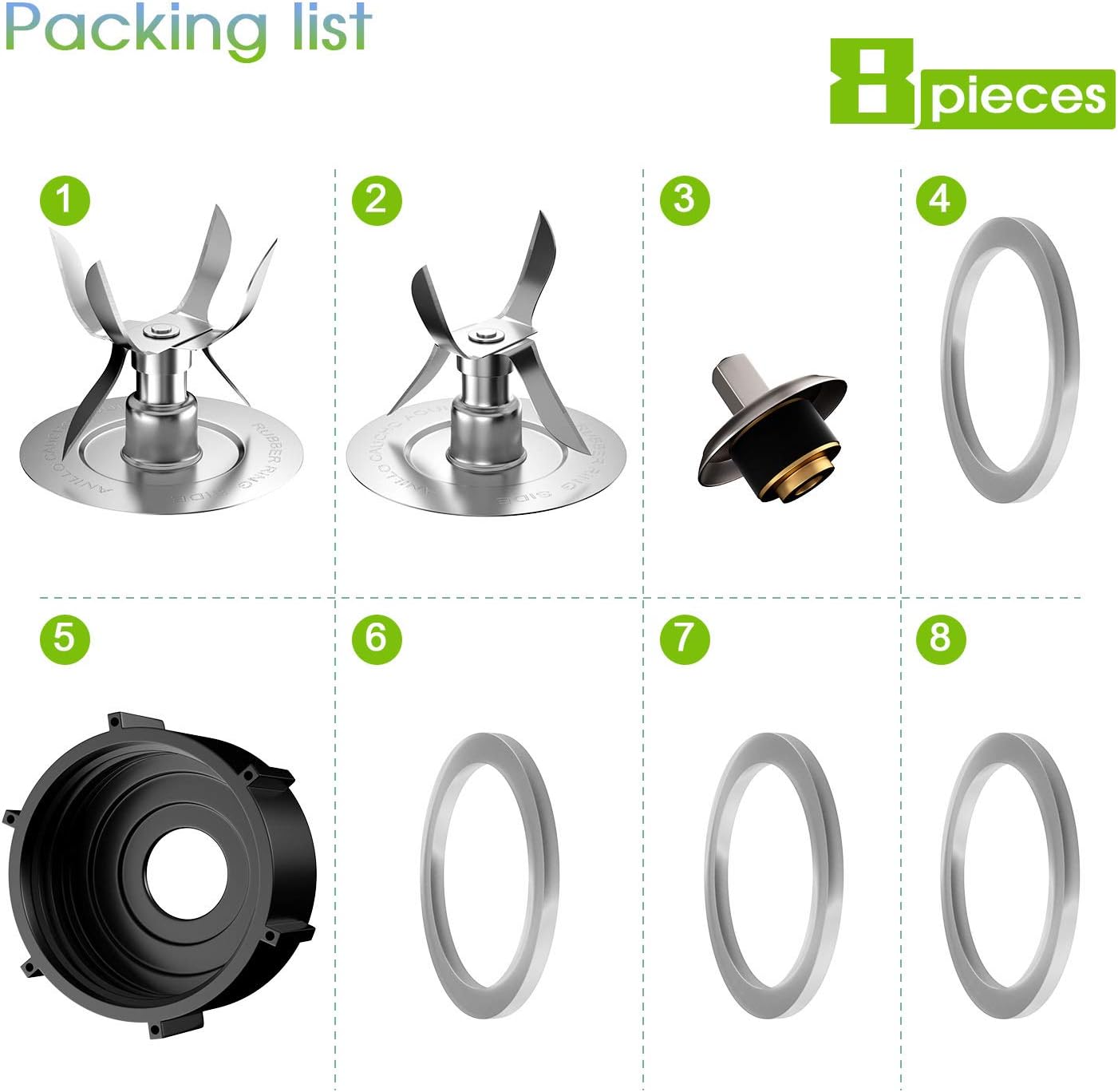 8 Pieces Replacement Part Ice Blades 4961 4980 Jar Bottom Cap 4902 Rubber Gaskets and Coupling Stud Slinger Pin Kit Compatible with Oster & Osterizer Blender Accessories