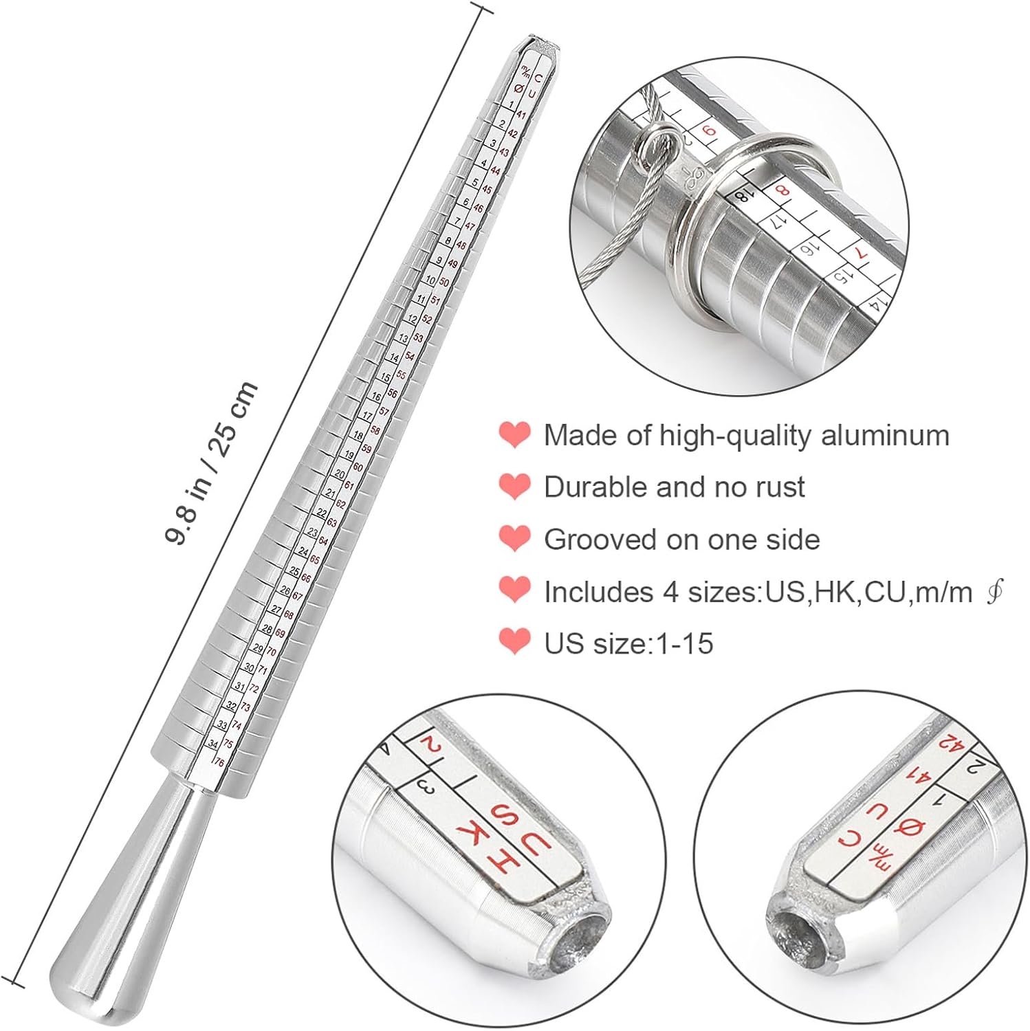 Ring Sizer Tool Including Ring Mandrel & Ring Sizer Guage, 4 Sizes Ring Measurement Stick Metal Mandrel & Finger Sizing Measuring Tool Set for Jewelry Making Measuring
