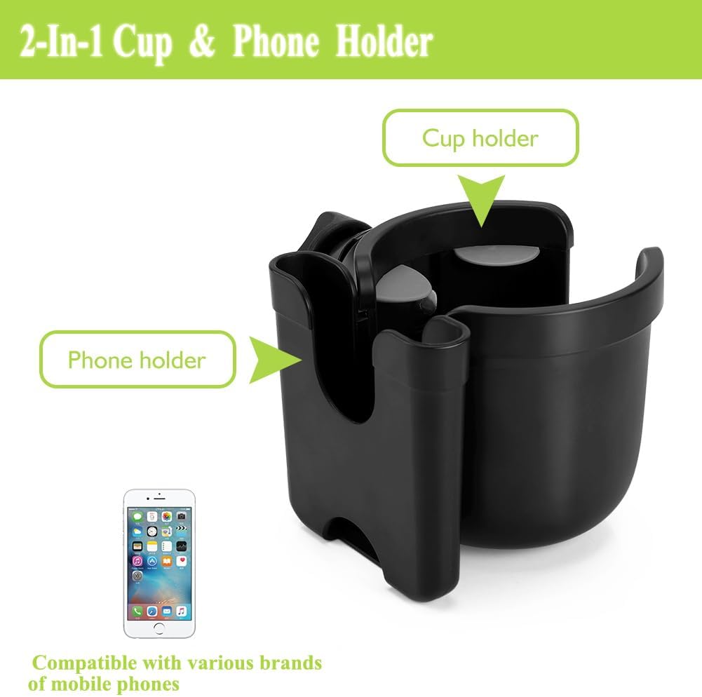 Stroller Cup Holder with Phone Holder, Bike Cup Holder, Universal Cup Holder for Uppababy Nuna Doona Strollers, 2-in-1 Cup Phone Holder for Stroller, Bike, Wheelchair, Walker, Scooter