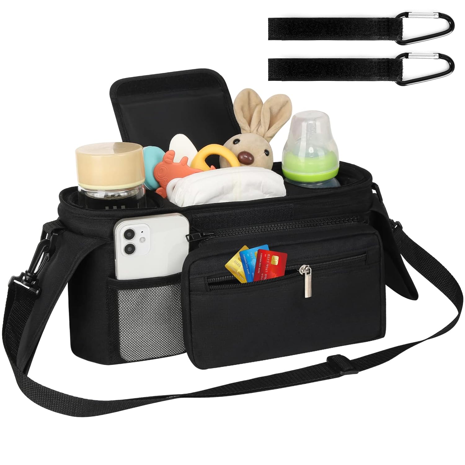 Universal Stroller Organizer with Insulated Cup Holder Detachable Phone Bag and Shoulder Strap,Stroller Bag Caddy Organizer Fits for Uppababy, Baby Jogger, Britax Strollers