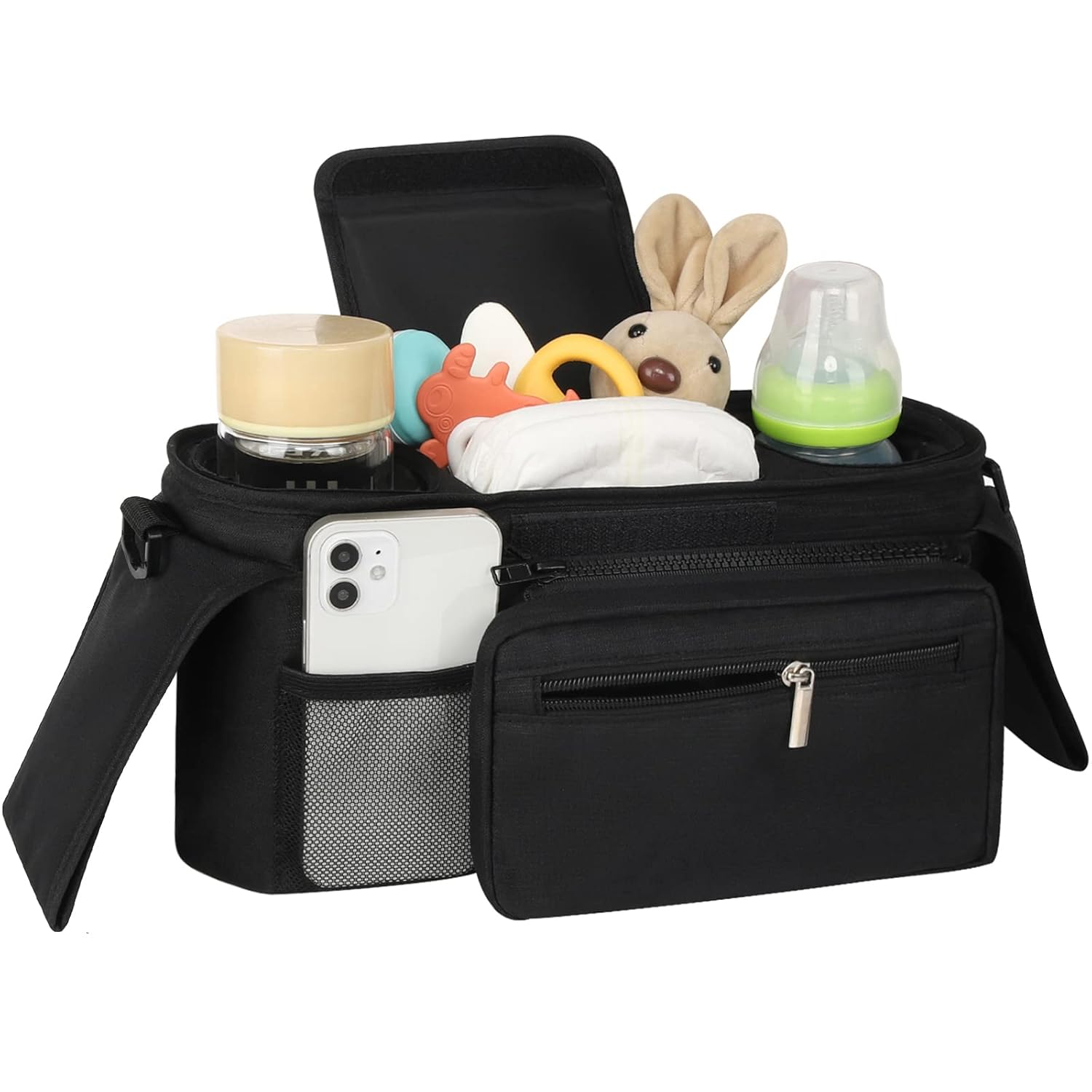 Universal Stroller Organizer with Insulated Cup Holder Detachable Phone Bag and Shoulder Strap,Stroller Bag Caddy Organizer Fits for Uppababy, Baby Jogger, Britax Strollers