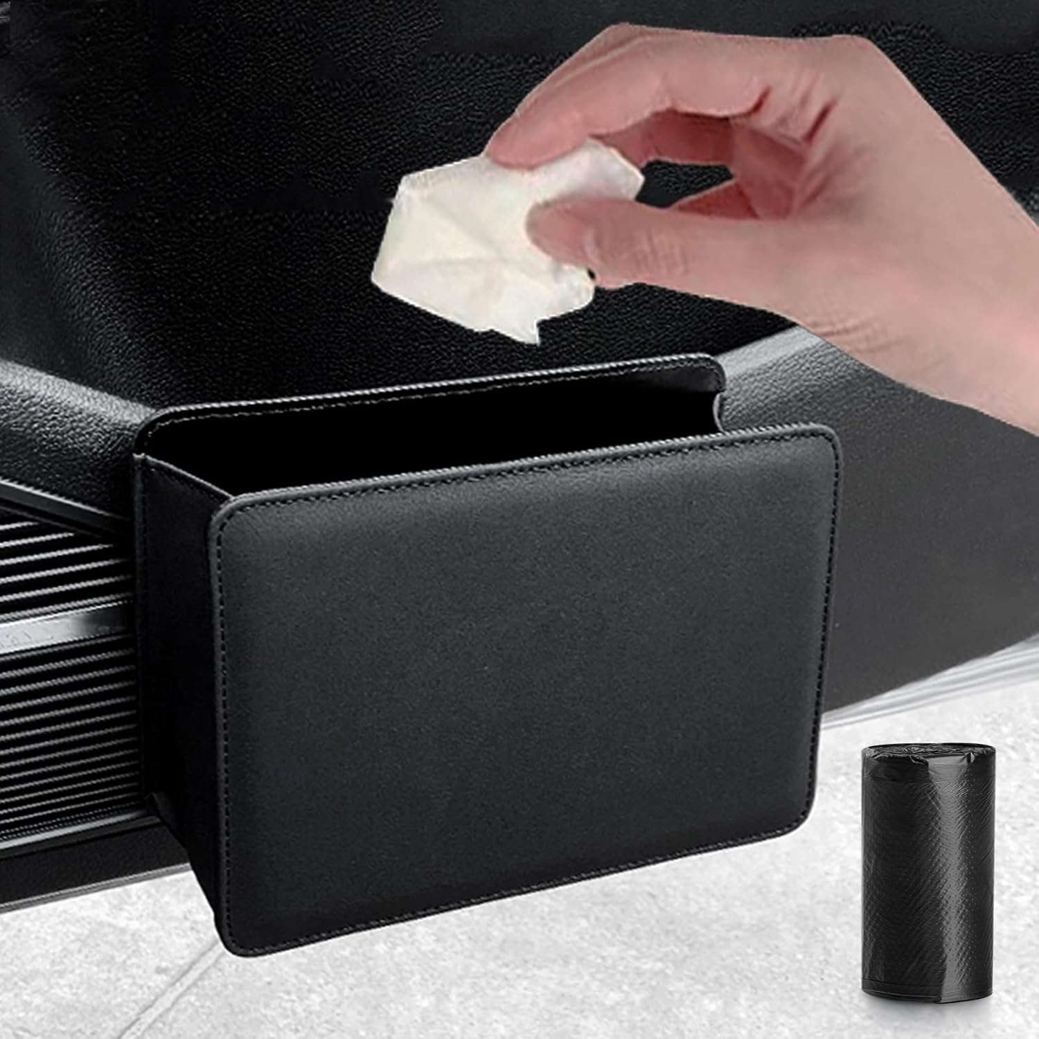 Car Trash Can, Leather Vehicle Trash Bin Car Dustbin Garbage Organizer Holder with 30 Pcs Trash Bags, Foldable Hanging Mini Cars Storage Bag Container for Auto, SUV Black