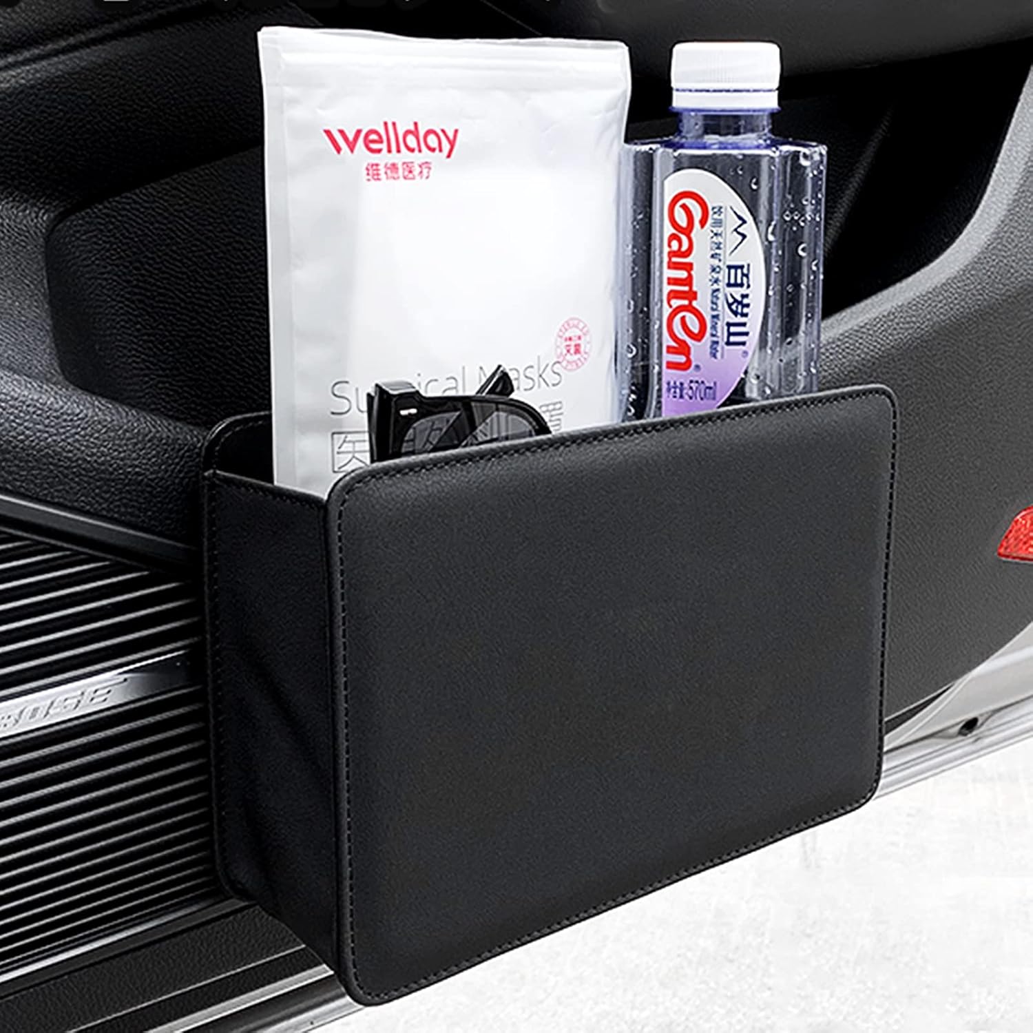 Car Trash Can, Leather Vehicle Trash Bin Car Dustbin Garbage Organizer Holder with 30 Pcs Trash Bags, Foldable Hanging Mini Cars Storage Bag Container for Auto, SUV Black