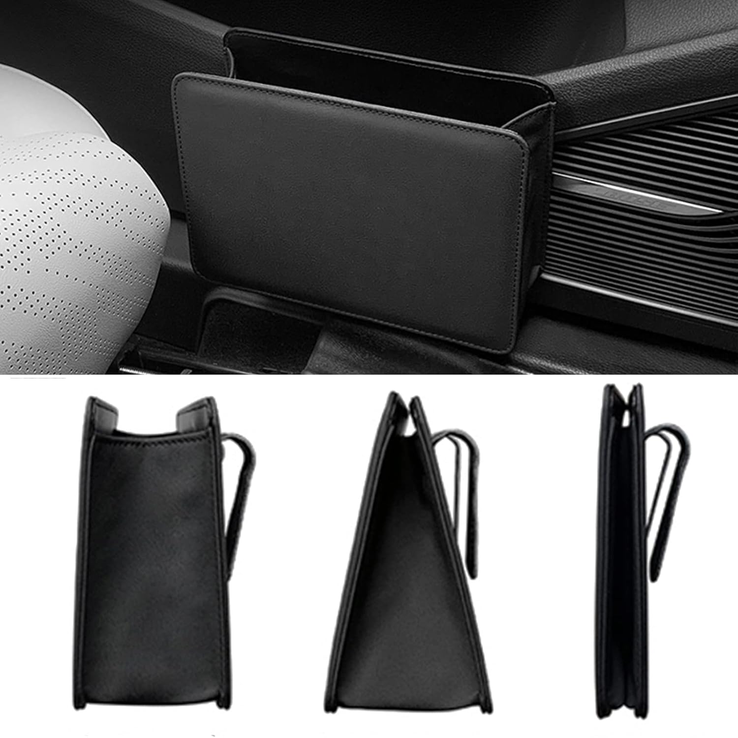 Car Trash Can, Leather Vehicle Trash Bin Car Dustbin Garbage Organizer Holder with 30 Pcs Trash Bags, Foldable Hanging Mini Cars Storage Bag Container for Auto, SUV Black