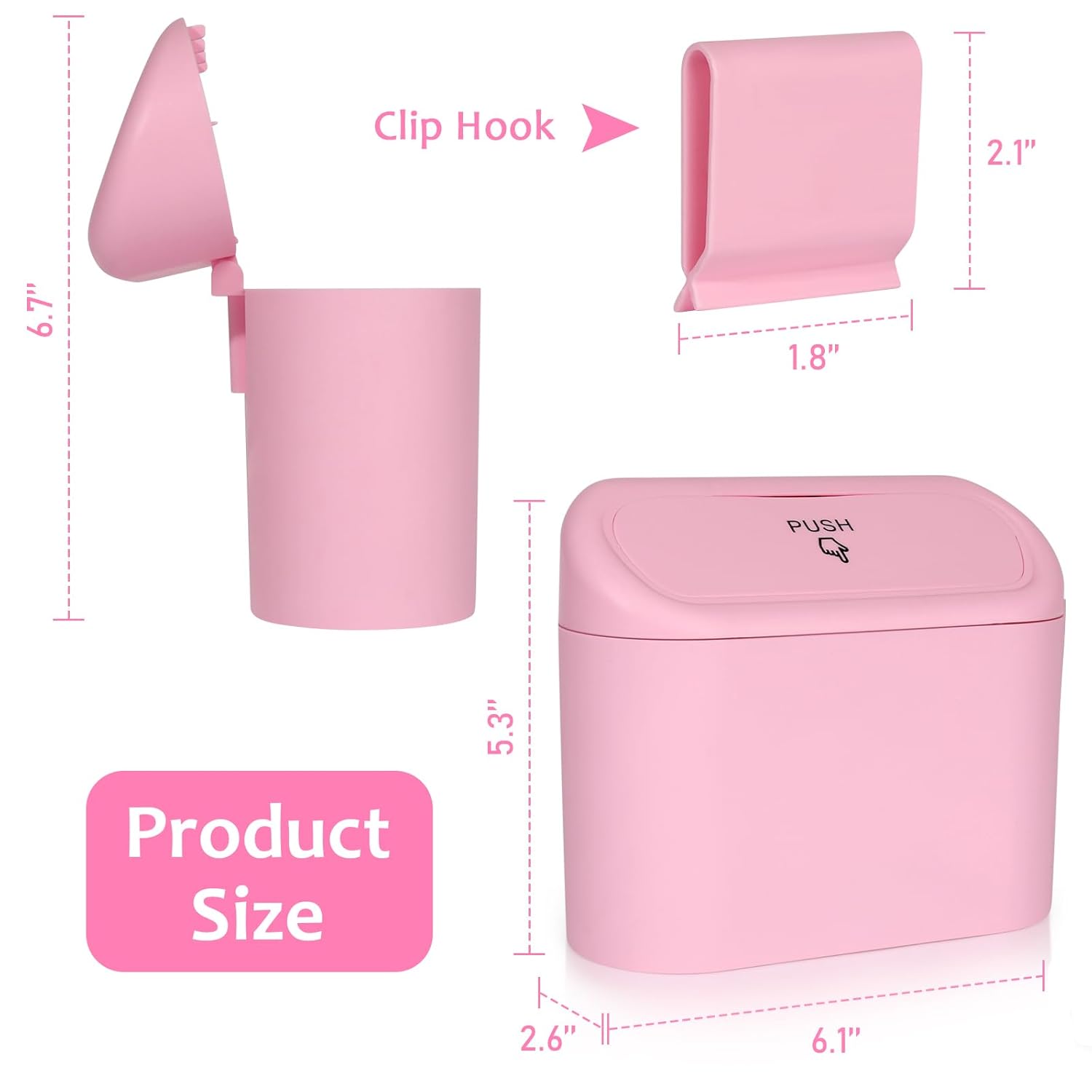 Car Trash Can with Lid, Leakproof Vehicle Garbage Organizer Holder Bin with 60 Pack Trash Bags, Mini Auto Dustbin Accessories Storage Container for Vans, SUVs, Office Pink