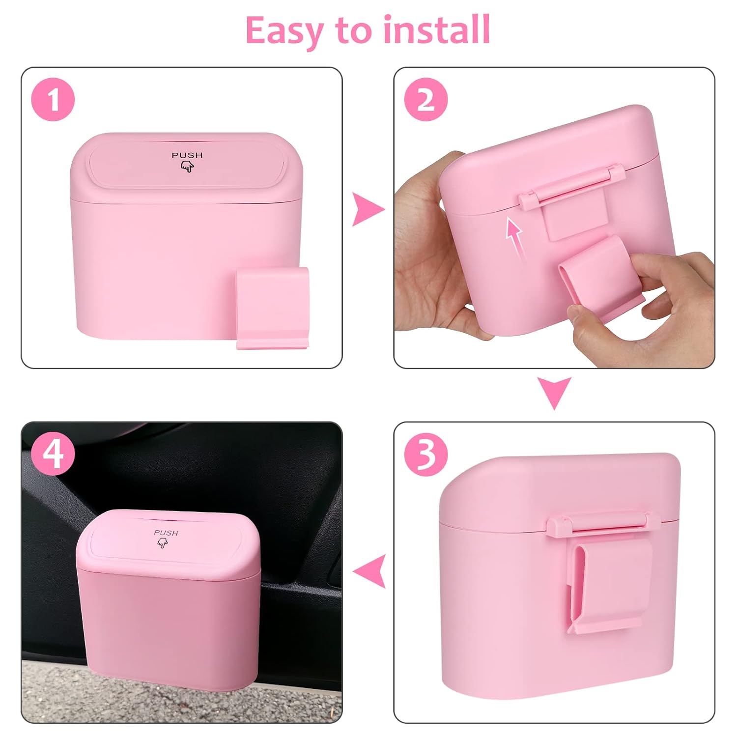 Car Trash Can with Lid, Leakproof Vehicle Garbage Organizer Holder Bin with 60 Pack Trash Bags, Mini Auto Dustbin Accessories Storage Container for Vans, SUVs, Office Pink