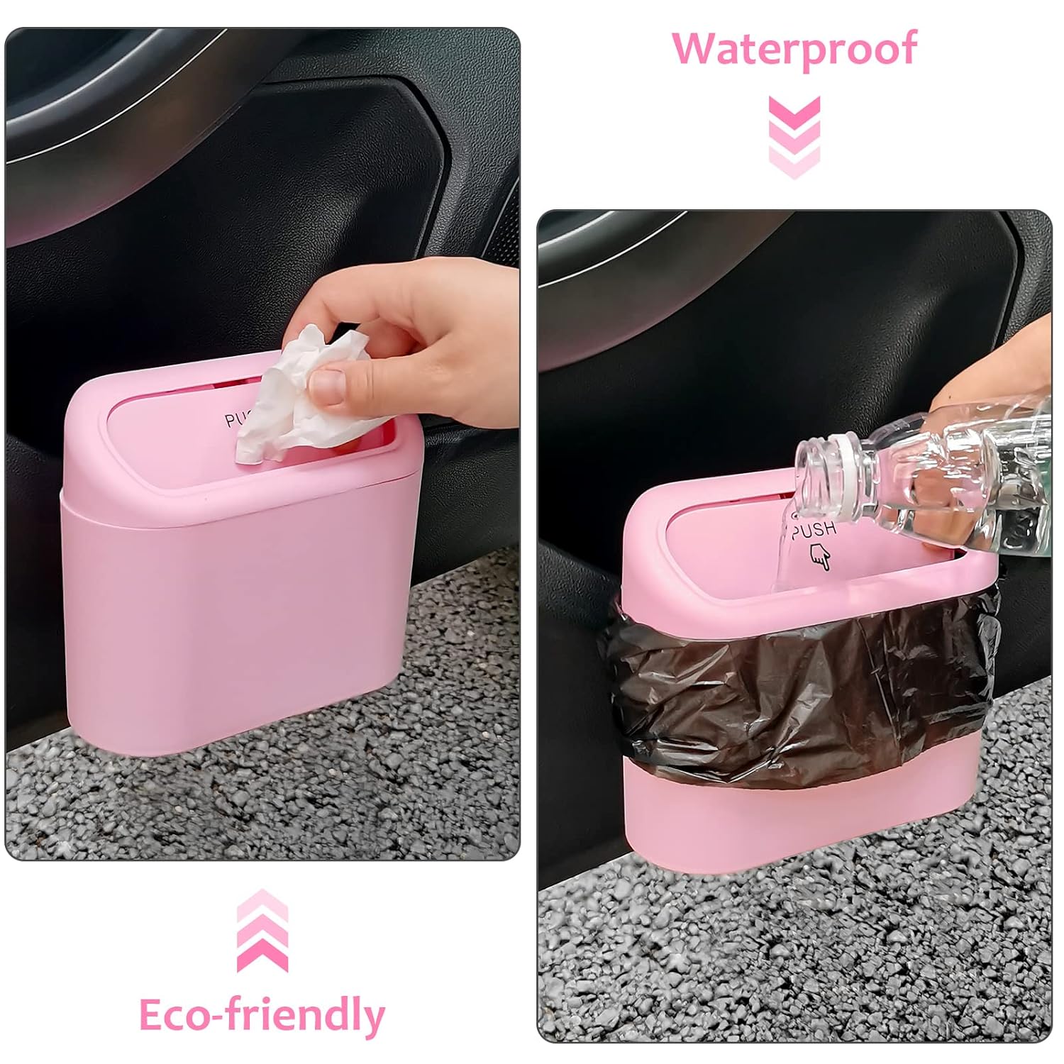 Car Trash Can with Lid, Leakproof Vehicle Garbage Organizer Holder Bin with 60 Pack Trash Bags, Mini Auto Dustbin Accessories Storage Container for Vans, SUVs, Office Pink