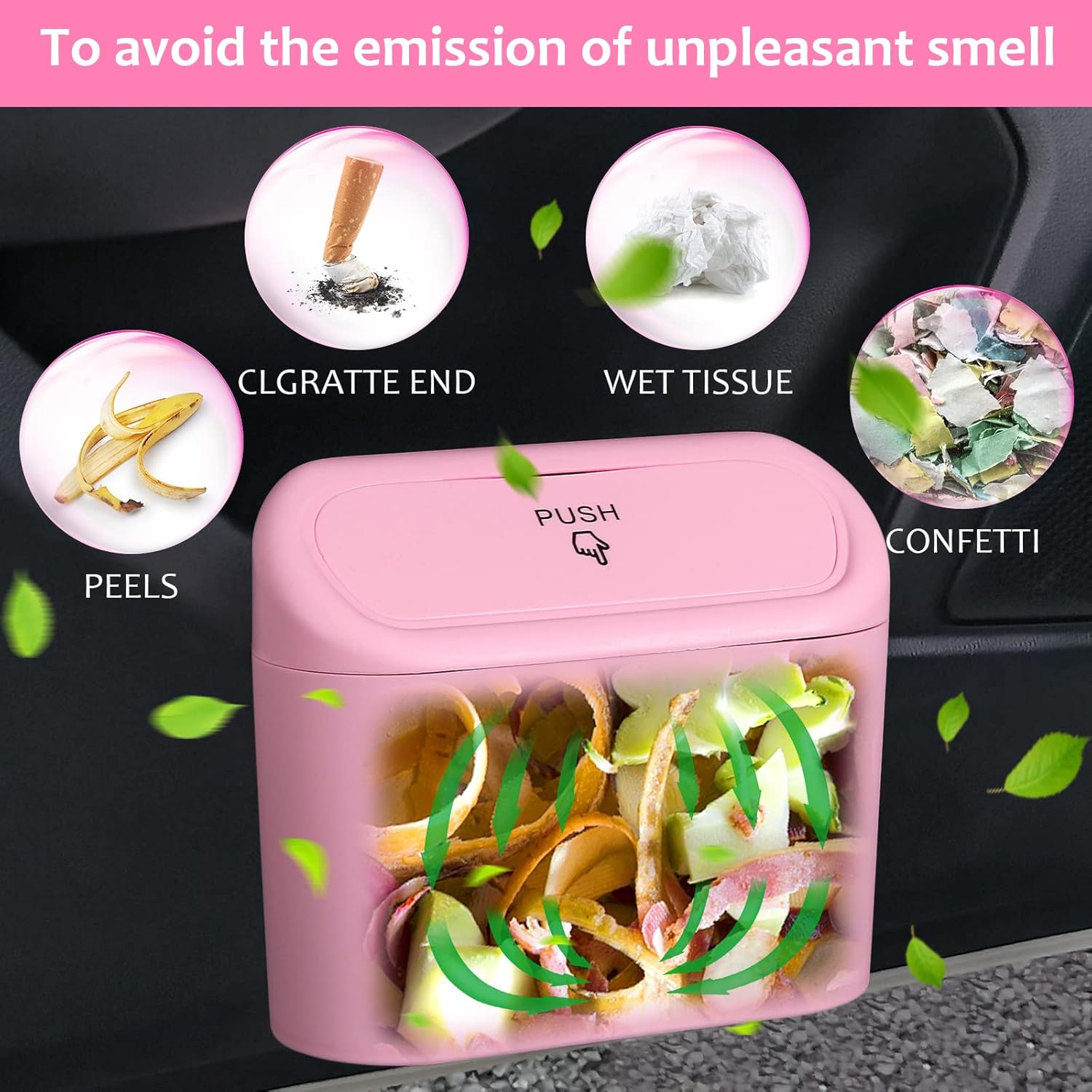 Car Trash Can with Lid, Leakproof Vehicle Garbage Organizer Holder Bin with 60 Pack Trash Bags, Mini Auto Dustbin Accessories Storage Container for Vans, SUVs, Office Pink