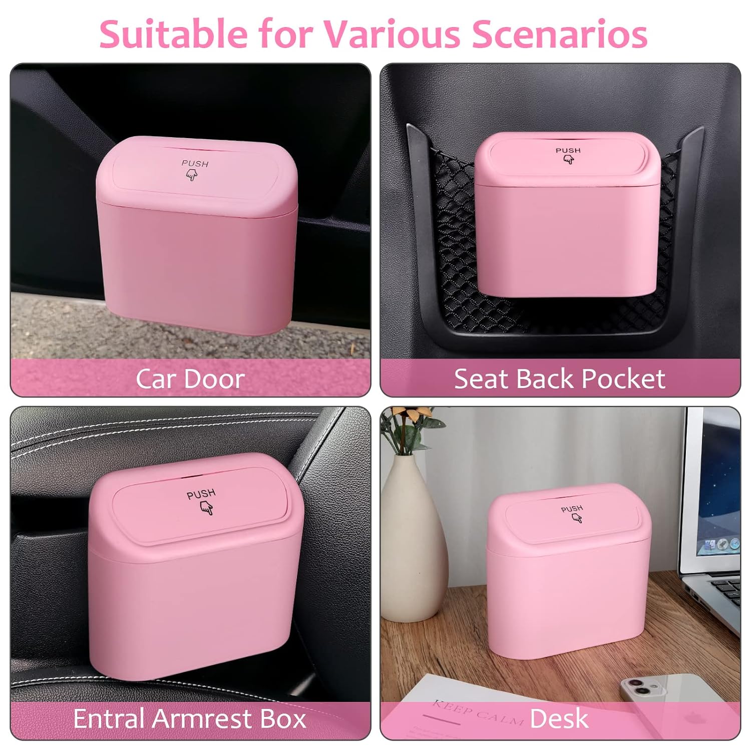 Car Trash Can with Lid, Leakproof Vehicle Garbage Organizer Holder Bin with 60 Pack Trash Bags, Mini Auto Dustbin Accessories Storage Container for Vans, SUVs, Office Pink