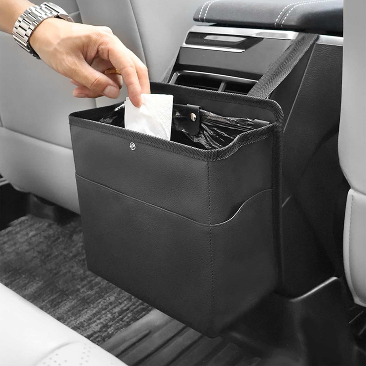 Car Trash Can with Pocket, Small Vehicle Dustbin Automotive Garbage Organizer Bin with 60 Pcs Trash Bags, Hanging Cars Storage Container for SUV Vans Black