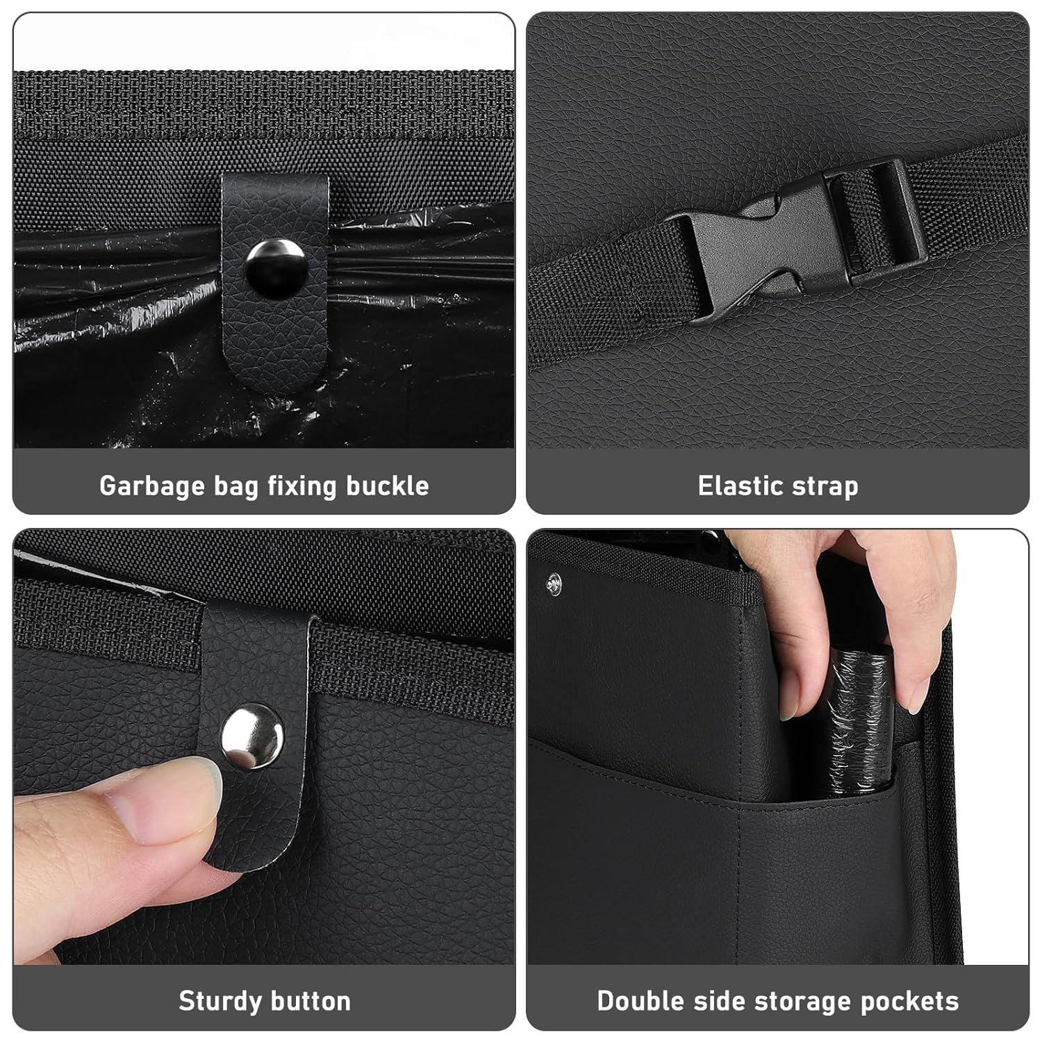 Car Trash Can with Pocket, Small Vehicle Dustbin Automotive Garbage Organizer Bin with 60 Pcs Trash Bags, Hanging Cars Storage Container for SUV Vans Black