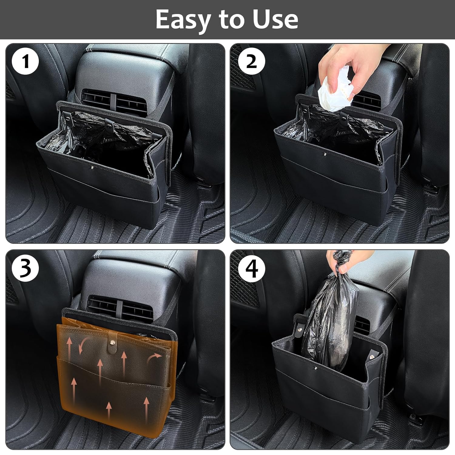 Car Trash Can with Pocket, Small Vehicle Dustbin Automotive Garbage Organizer Bin with 60 Pcs Trash Bags, Hanging Cars Storage Container for SUV Vans Black
