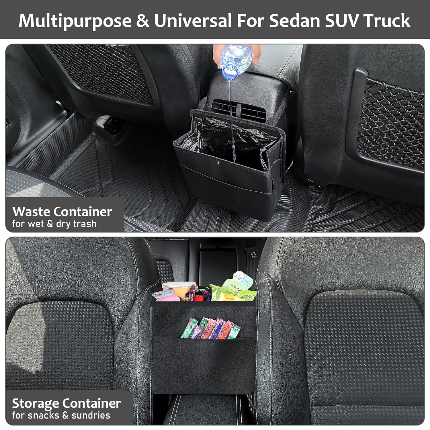 Car Trash Can with Pocket, Small Vehicle Dustbin Automotive Garbage Organizer Bin with 60 Pcs Trash Bags, Hanging Cars Storage Container for SUV Vans Black