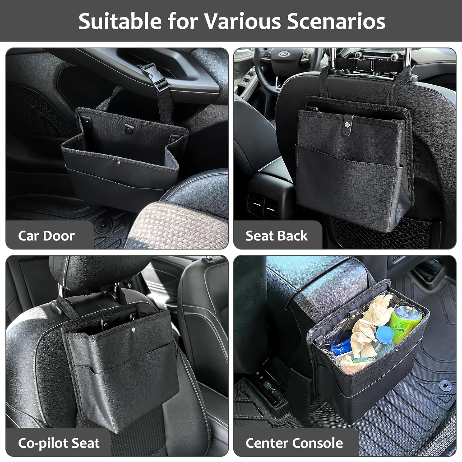 Car Trash Can with Pocket, Small Vehicle Dustbin Automotive Garbage Organizer Bin with 60 Pcs Trash Bags, Hanging Cars Storage Container for SUV Vans Black