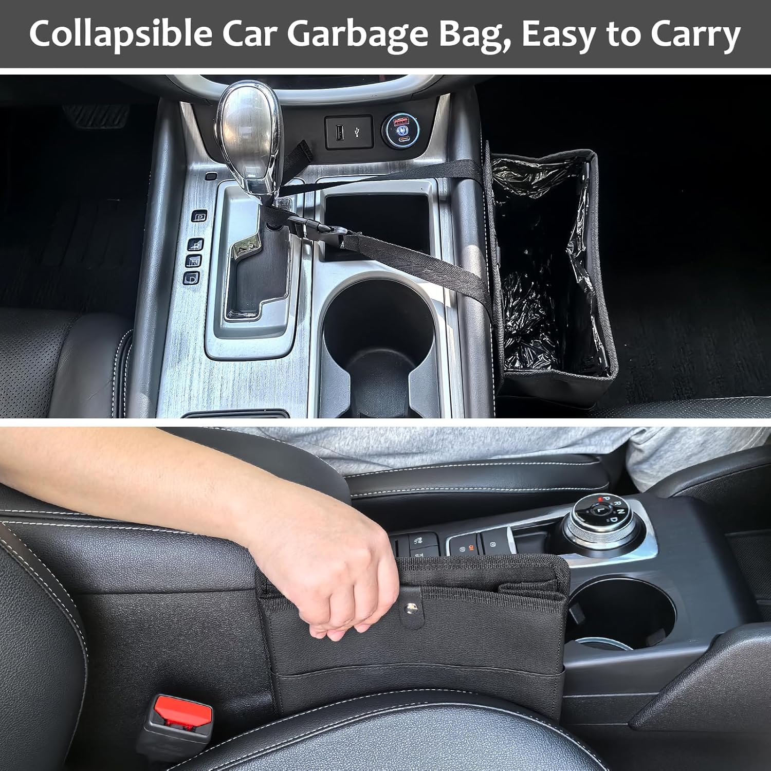Car Trash Can with Pocket, Small Vehicle Dustbin Automotive Garbage Organizer Bin with 60 Pcs Trash Bags, Hanging Cars Storage Container for SUV Vans Black