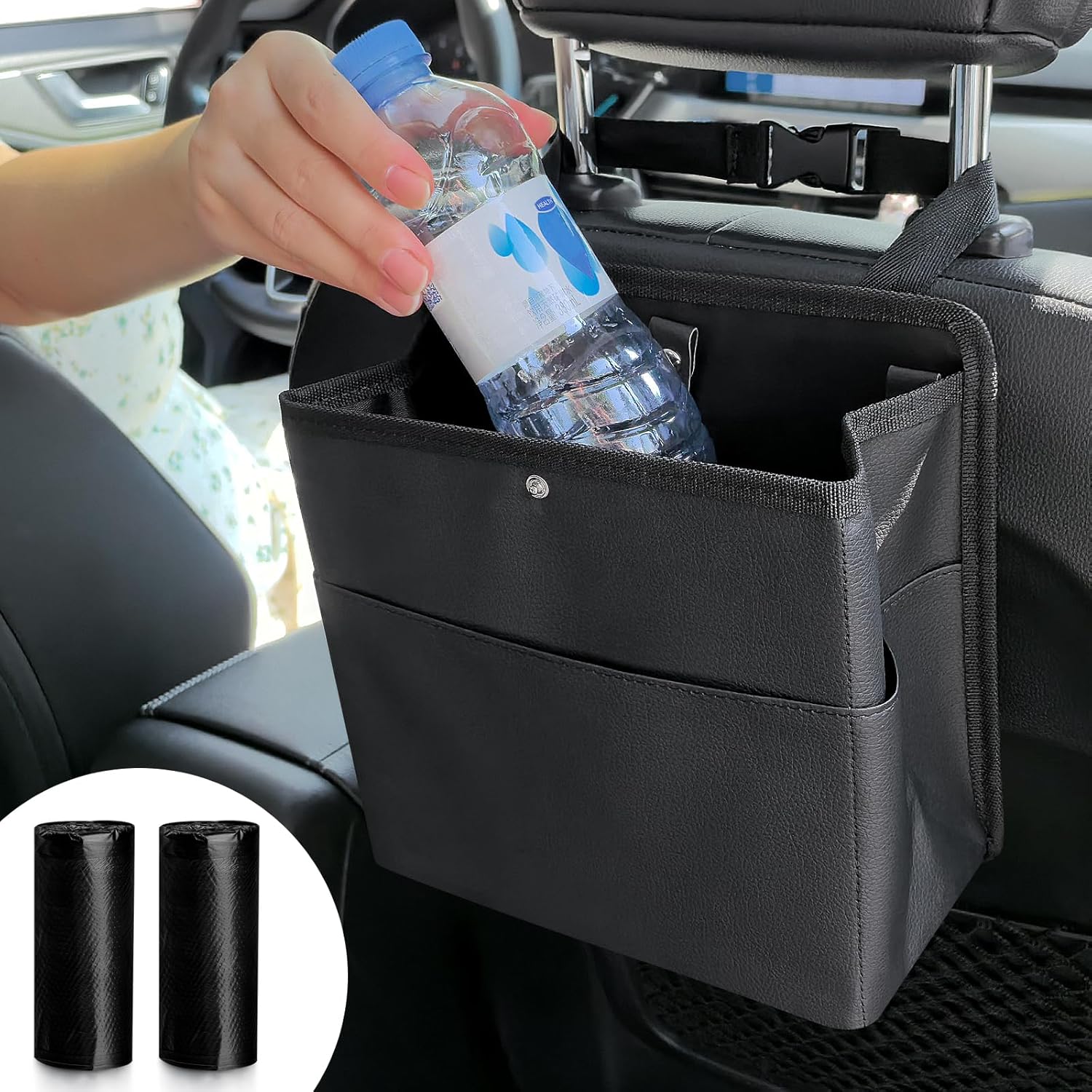 Car Trash Can with Pocket, Small Vehicle Dustbin Automotive Garbage Organizer Bin with 60 Pcs Trash Bags, Hanging Cars Storage Container for SUV Vans Black