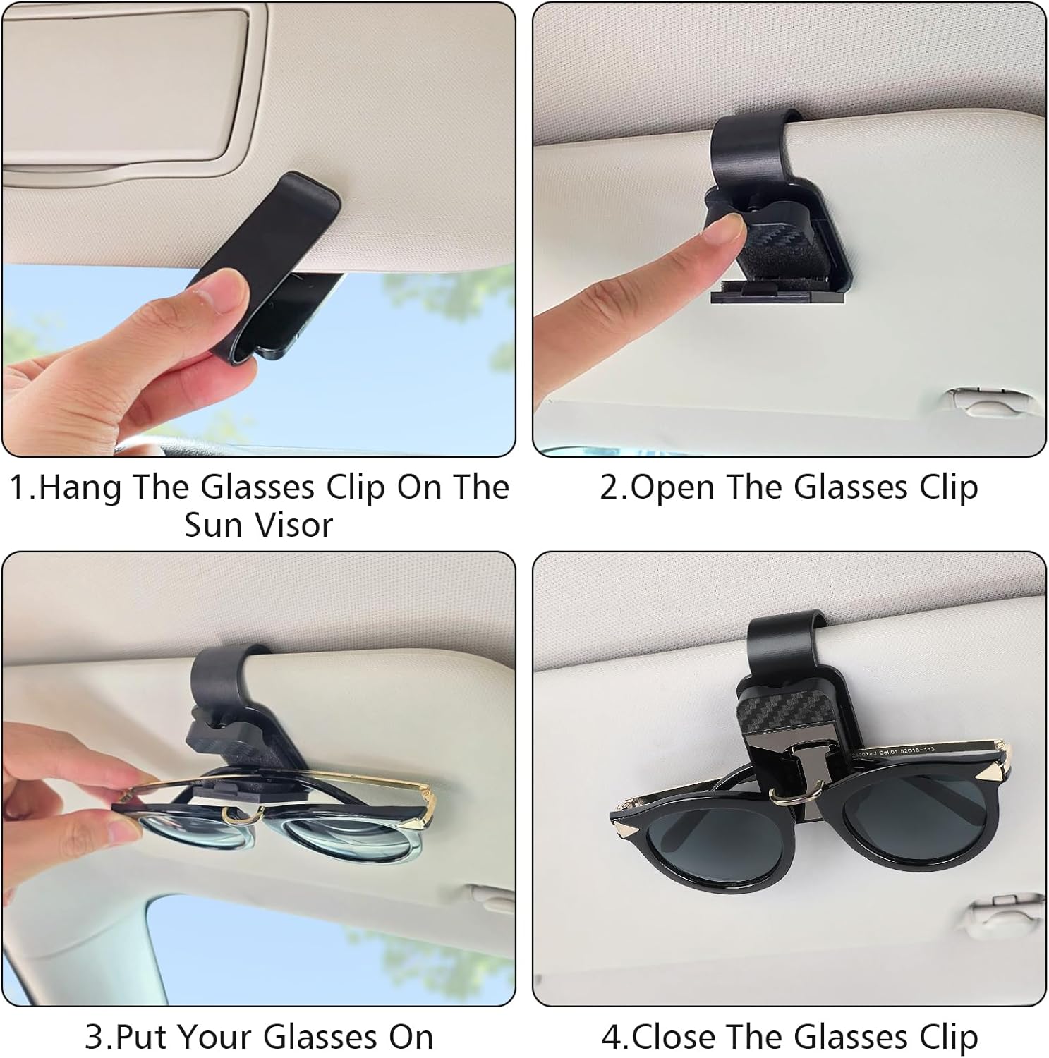 Sunglasses Holder for Car Sun Visor, 2 Black Visor Sunglass Holder Clip, Sunglass Holder Car, One-Handed-Operation Eyeglasses Hanger Mount, Universal Glasses Clip, Car Accessories for SUV Truck