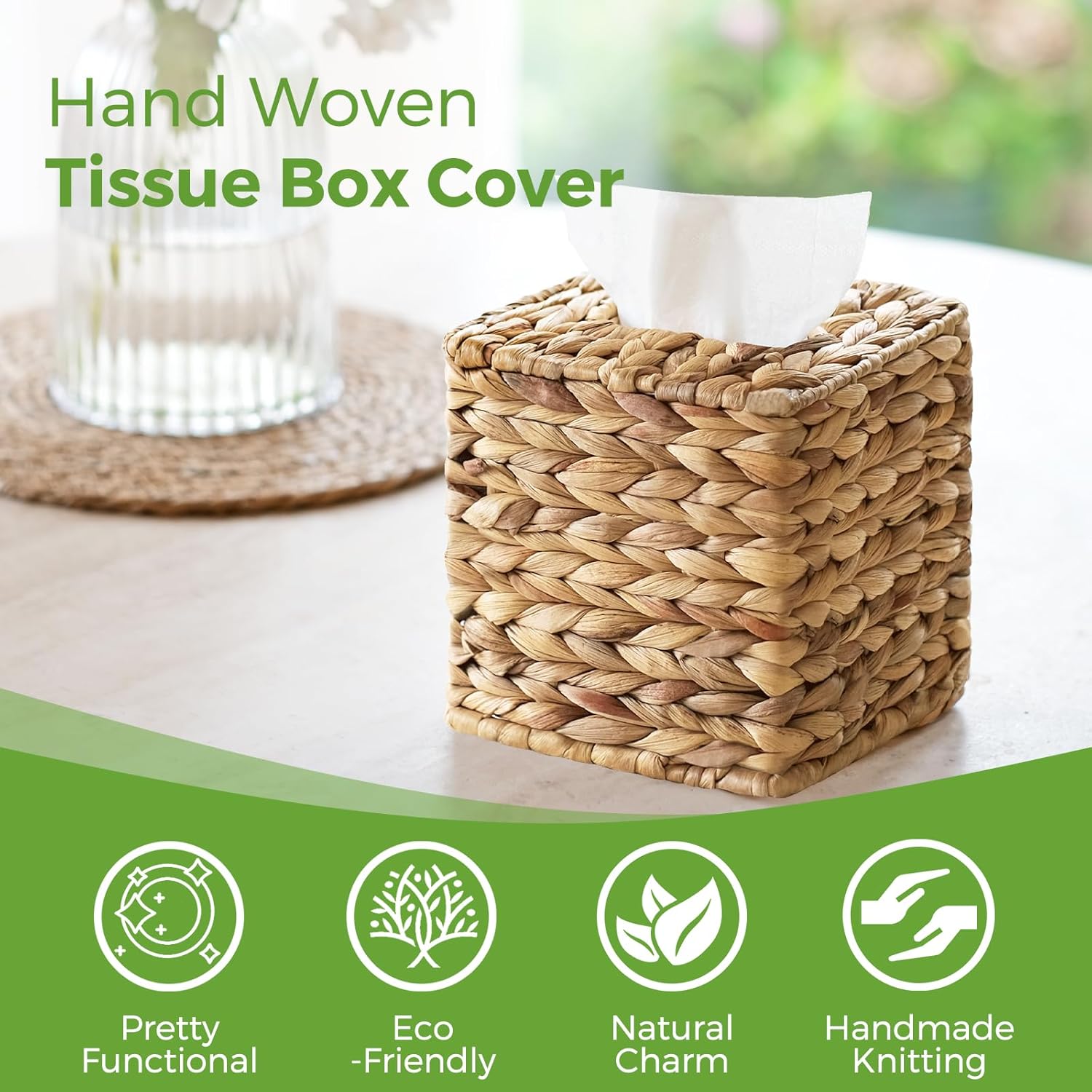 Tissue Box Cover, Square Wicker Tissue Box Holder Facial Tissues Boxes, Hand Woven Napkin Box Tissue Holder for Bathroom Bedroom Office Table Desk Night Stand, Boho Decorative, Natural