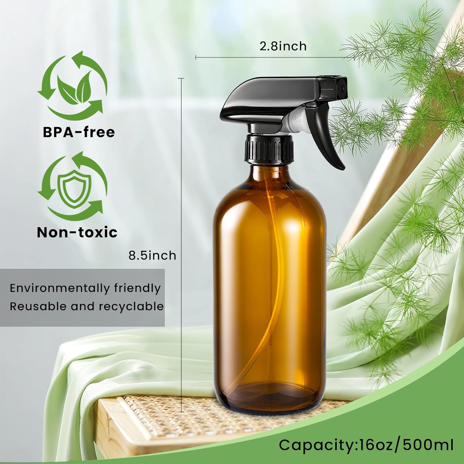 Glass Spray Bottles, Amber Glass Spray Bottles, 16oz, Adjustable Nozzle for Stream and Spray, Reusable, for Essential Oils, Cleaning Products, Detergents 1ps