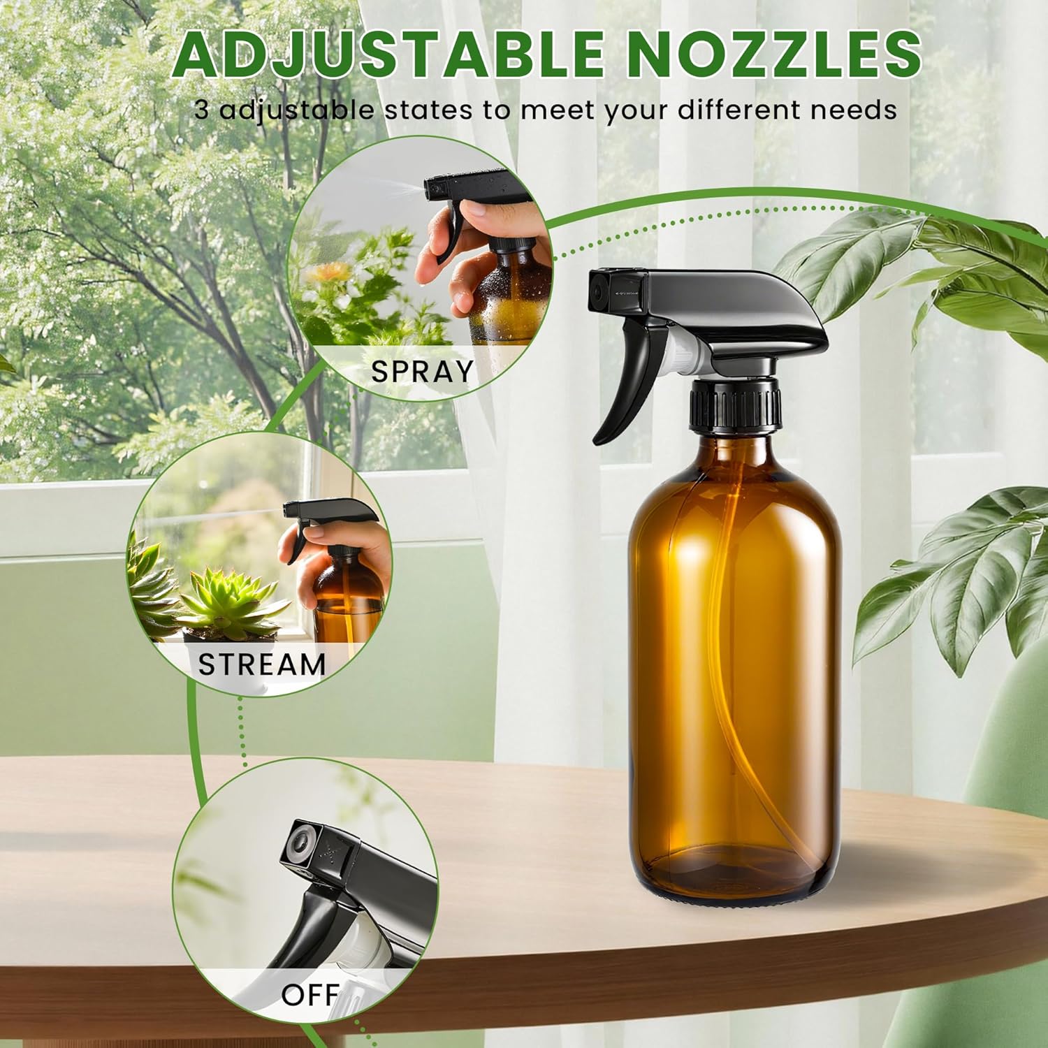 Glass Spray Bottles, Amber Glass Spray Bottles, 16oz, Adjustable Nozzle for Stream and Spray, Reusable, for Essential Oils, Cleaning Products, Detergents 1ps