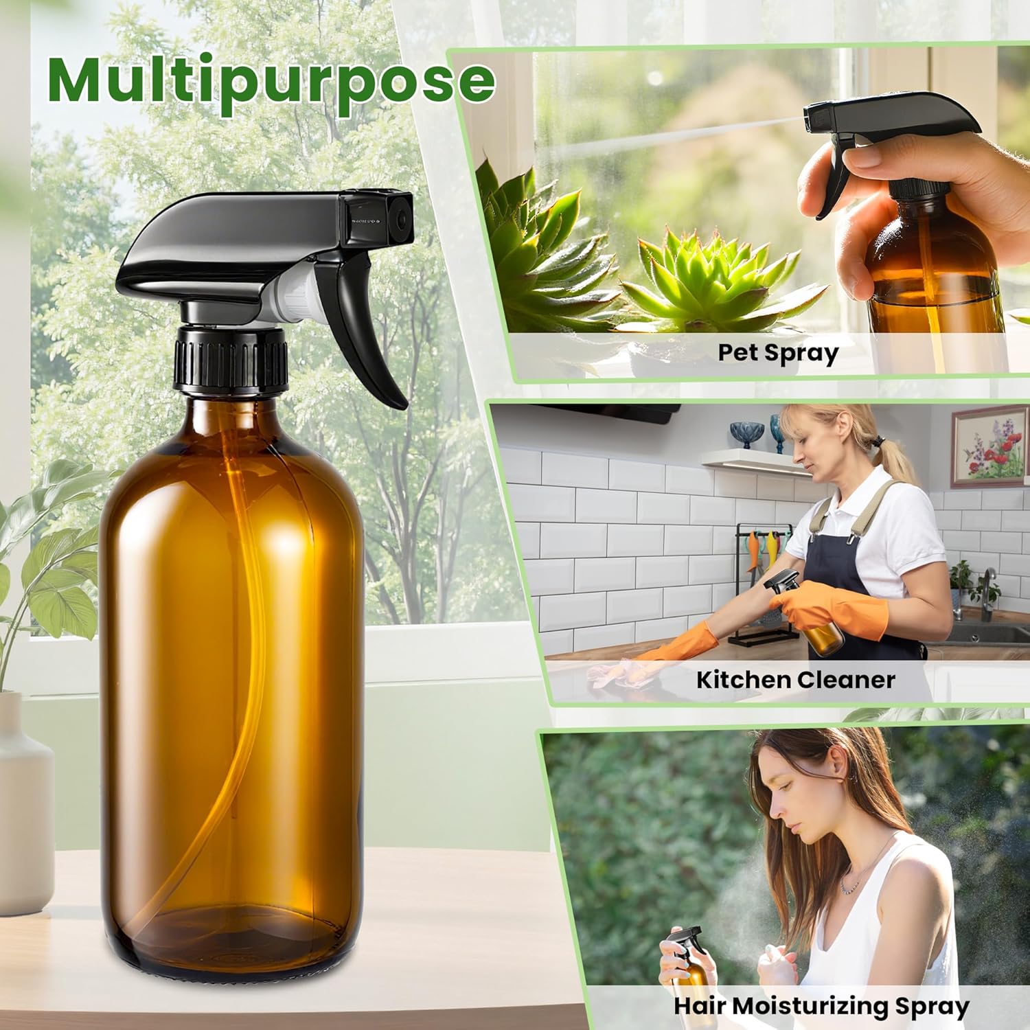 Glass Spray Bottles, Amber Glass Spray Bottles, 16oz, Adjustable Nozzle for Stream and Spray, Reusable, for Essential Oils, Cleaning Products, Detergents 1ps