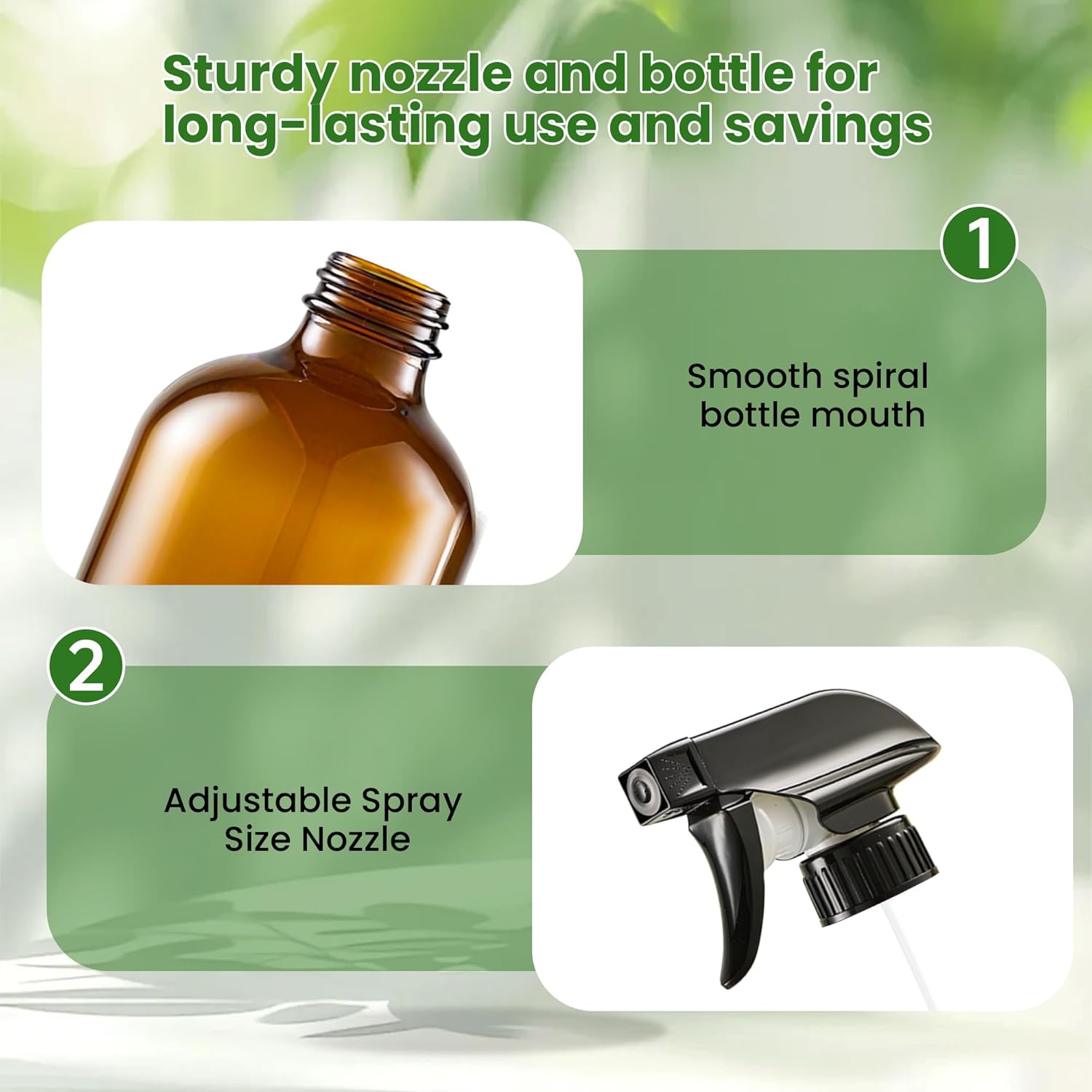 Glass Spray Bottles, Amber Glass Spray Bottles, 16oz, Adjustable Nozzle for Stream and Spray, Reusable, for Essential Oils, Cleaning Products, Detergents 1ps