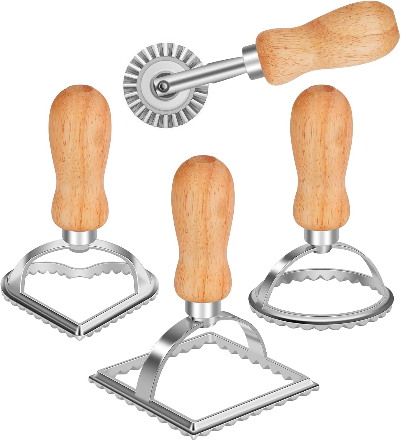 Ravioli Stamp Maker Cutter with Roller Wheel Set of 4 , Wooden Handle and Fluted Edge, for Ravioli, Pasta, Dumplings Lasagna, Pierogi
