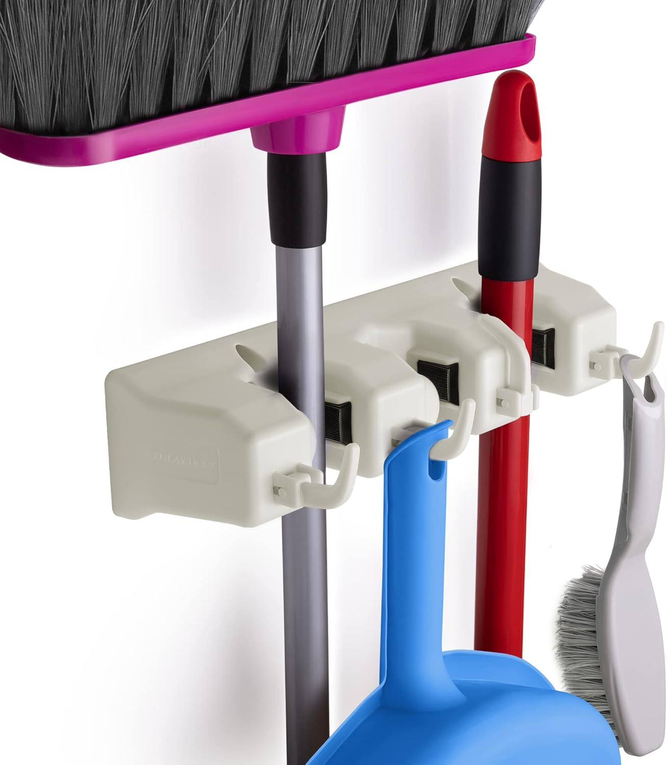 Mop and Broom Organizer Wall Mount - Easy to Install Mop and Broom Holder Wall Mount for Storing Cleaning Supplies - Organizer Utility Racks Mop Holder and Broom Hanger 3 Slots, White