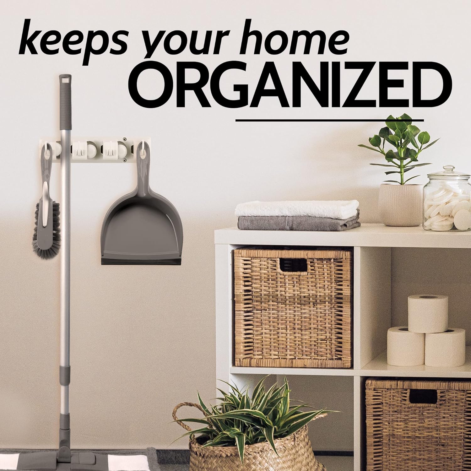 Mop and Broom Organizer Wall Mount - Easy to Install Mop and Broom Holder Wall Mount for Storing Cleaning Supplies - Organizer Utility Racks Mop Holder and Broom Hanger 3 Slots, White