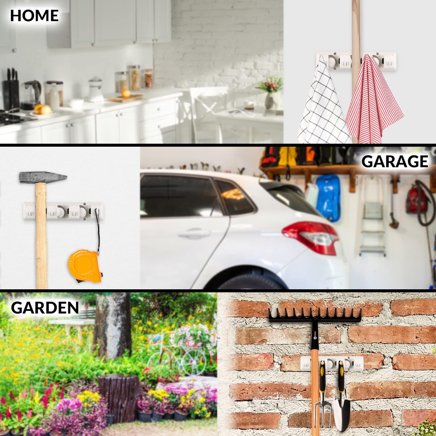 Mop and Broom Organizer Wall Mount - Easy to Install Mop and Broom Holder Wall Mount for Storing Cleaning Supplies - Organizer Utility Racks Mop Holder and Broom Hanger 3 Slots, White