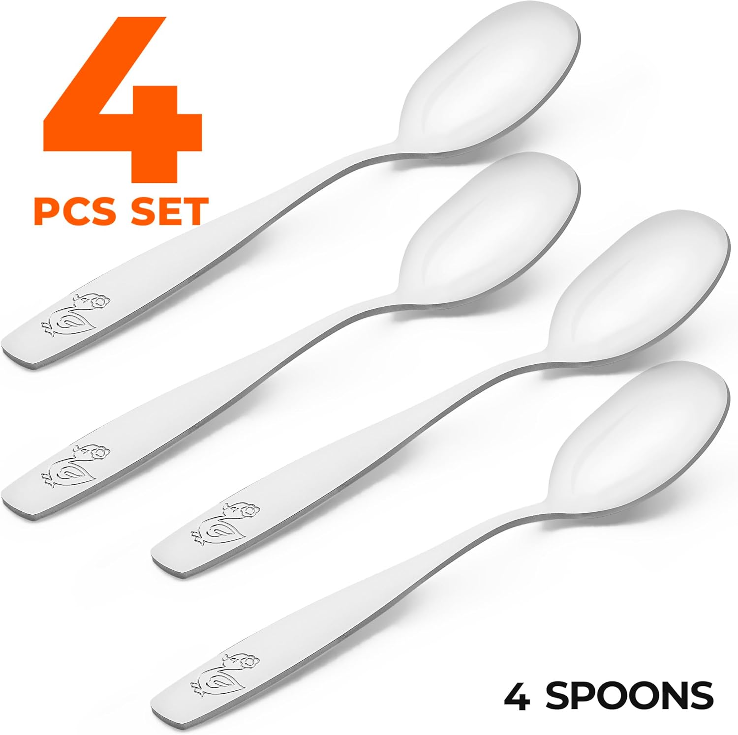 4-Piece Toddler Utensils - Child and Toddler Silverware Set for Self Feeding - Smooth Edged Kids Silverware Stainless Steel, Mirror Polished, Dishwasher Safe 4 Spoons
