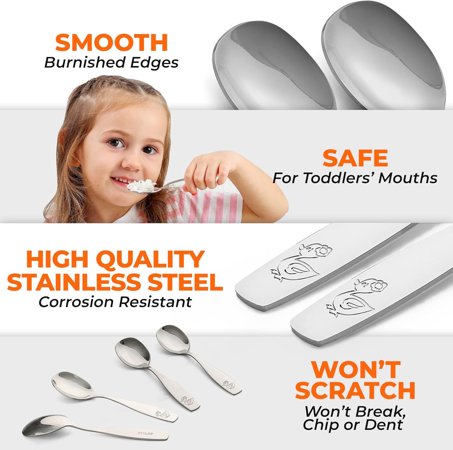4-Piece Toddler Utensils - Child and Toddler Silverware Set for Self Feeding - Smooth Edged Kids Silverware Stainless Steel, Mirror Polished, Dishwasher Safe 4 Spoons
