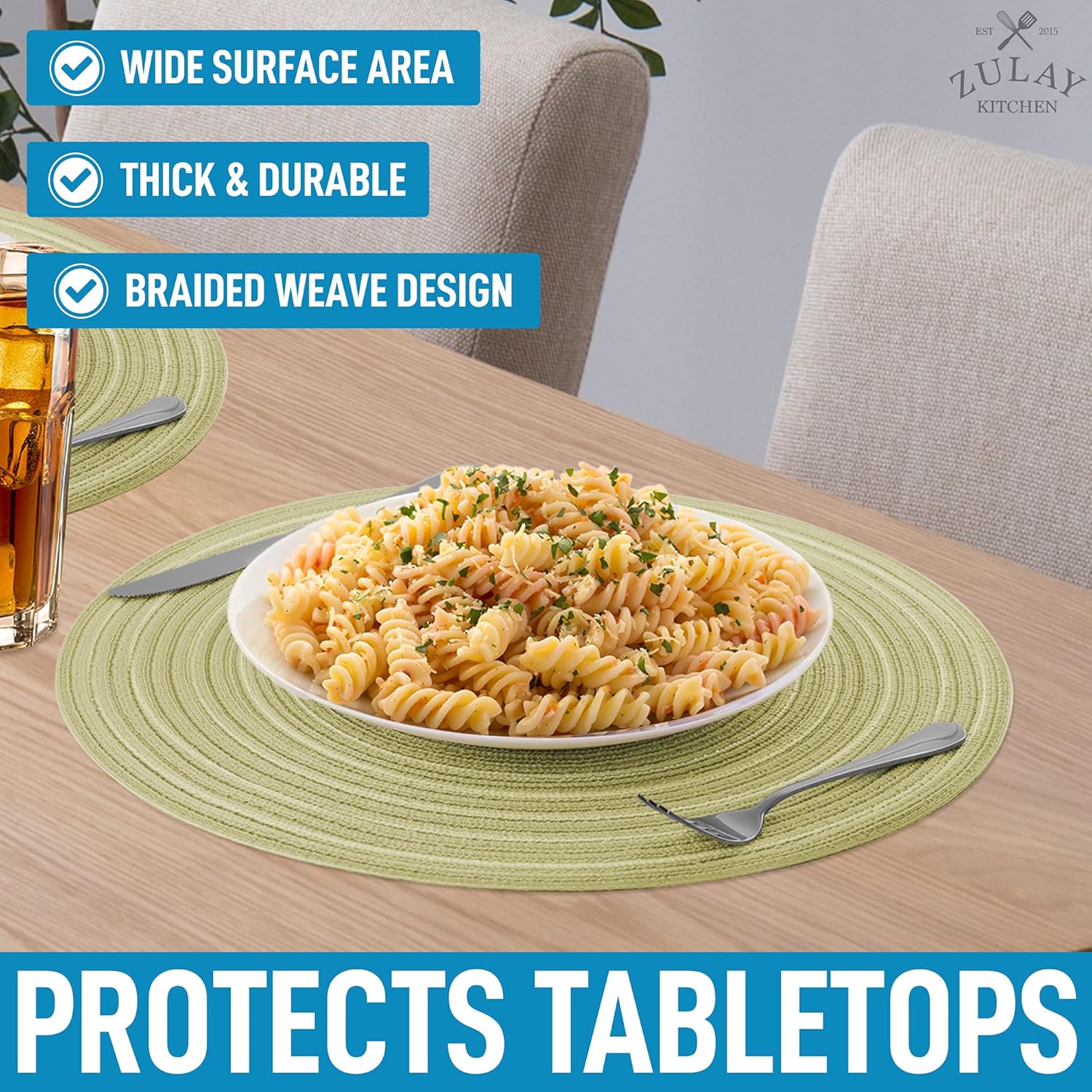 15 Inch Round Placemats for Dining Table Set of 6 - Braided Round Place Mats & Anti-Skid Placemat - Heat Resistant Round Woven Placemats & Table Mats for Dining Green