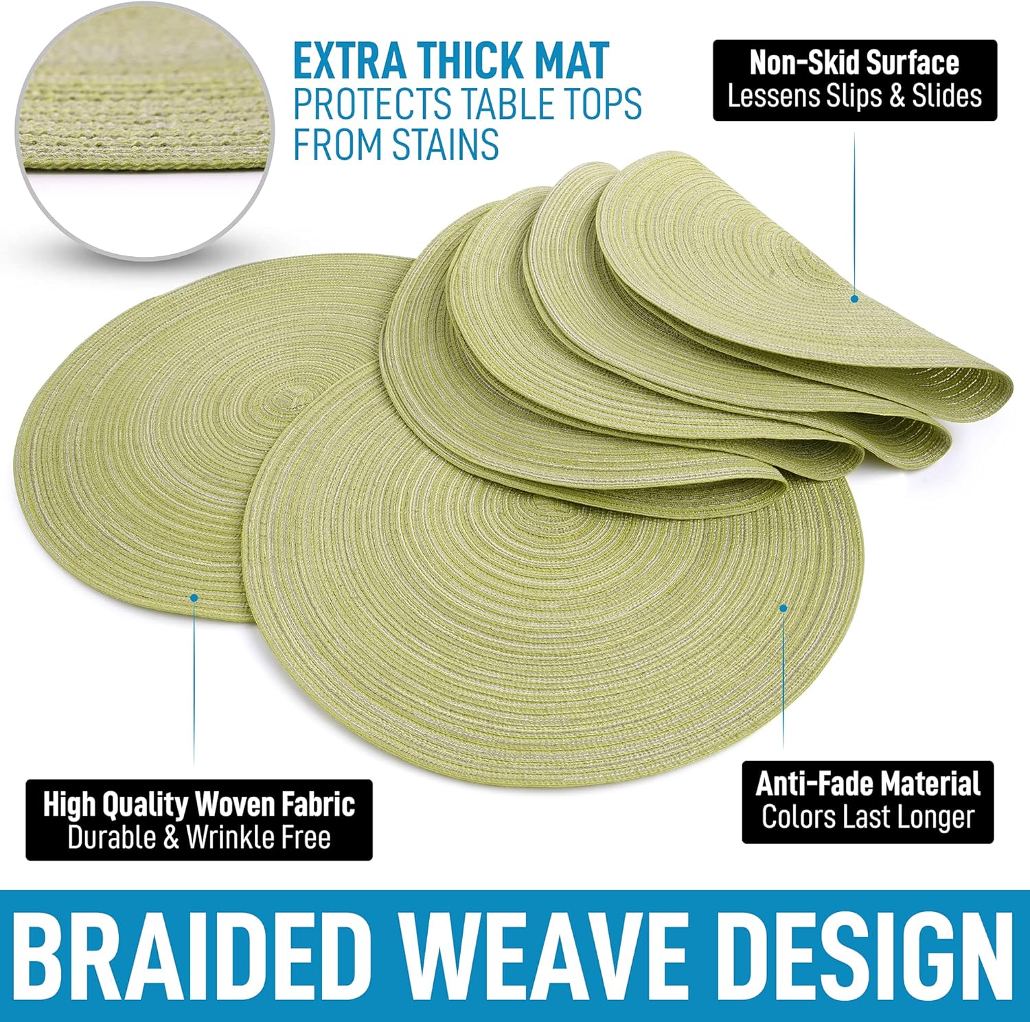15 Inch Round Placemats for Dining Table Set of 6 - Braided Round Place Mats & Anti-Skid Placemat - Heat Resistant Round Woven Placemats & Table Mats for Dining Green