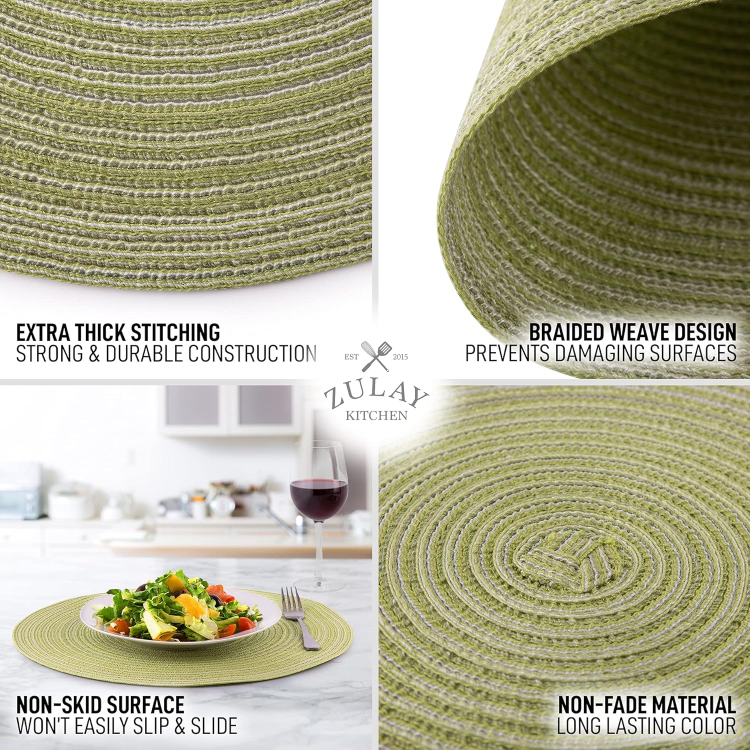 15 Inch Round Placemats for Dining Table Set of 6 - Braided Round Place Mats & Anti-Skid Placemat - Heat Resistant Round Woven Placemats & Table Mats for Dining Green