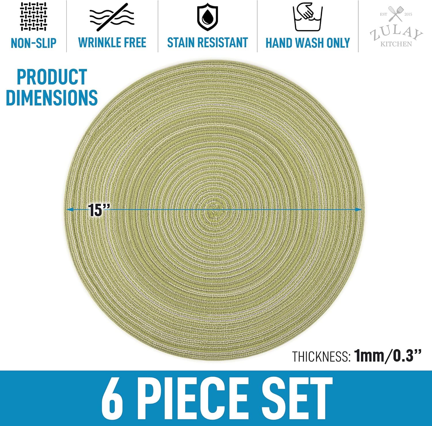 15 Inch Round Placemats for Dining Table Set of 6 - Braided Round Place Mats & Anti-Skid Placemat - Heat Resistant Round Woven Placemats & Table Mats for Dining Green