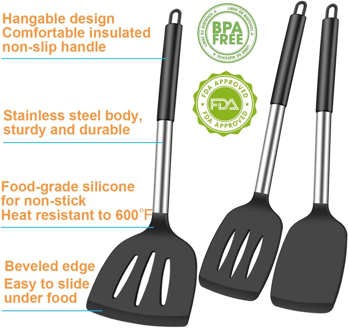 3Pcs Silicone Spatula Set Heat Resistant Spatulas for Nonstick Cookware Fish Turner Plastic Spatulas Rubber Wok Spatula, Long Large Spatula Silicone Cooking Use Kitchen Utensils Set