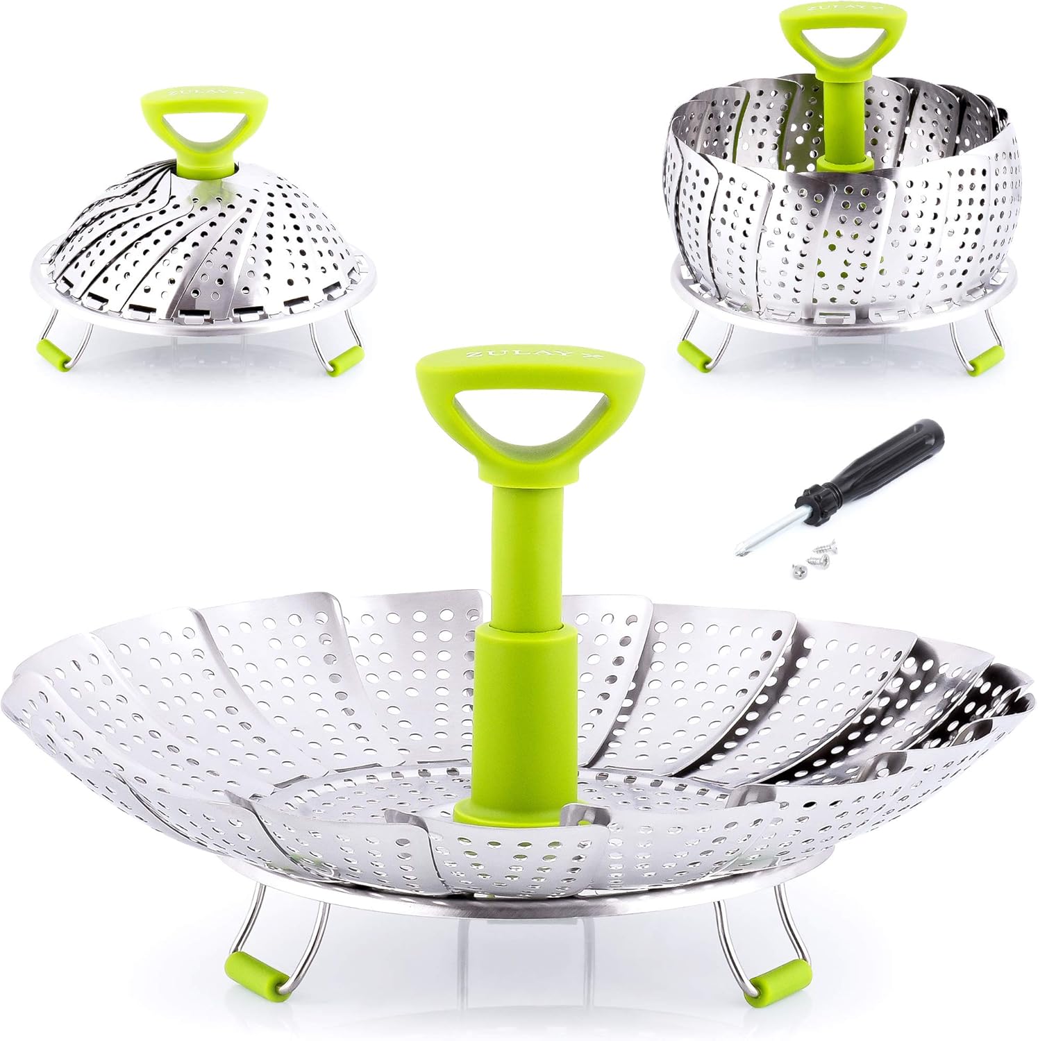Zulay Adjustable Vegetable Steamer Baskets For Cooking - Foldable Steamer Basket 5.1" to 9" - Expandable Vegetable Steamer Basket Stainless Steel Fits Various Size Pots, Pans, & Pressure Cookers